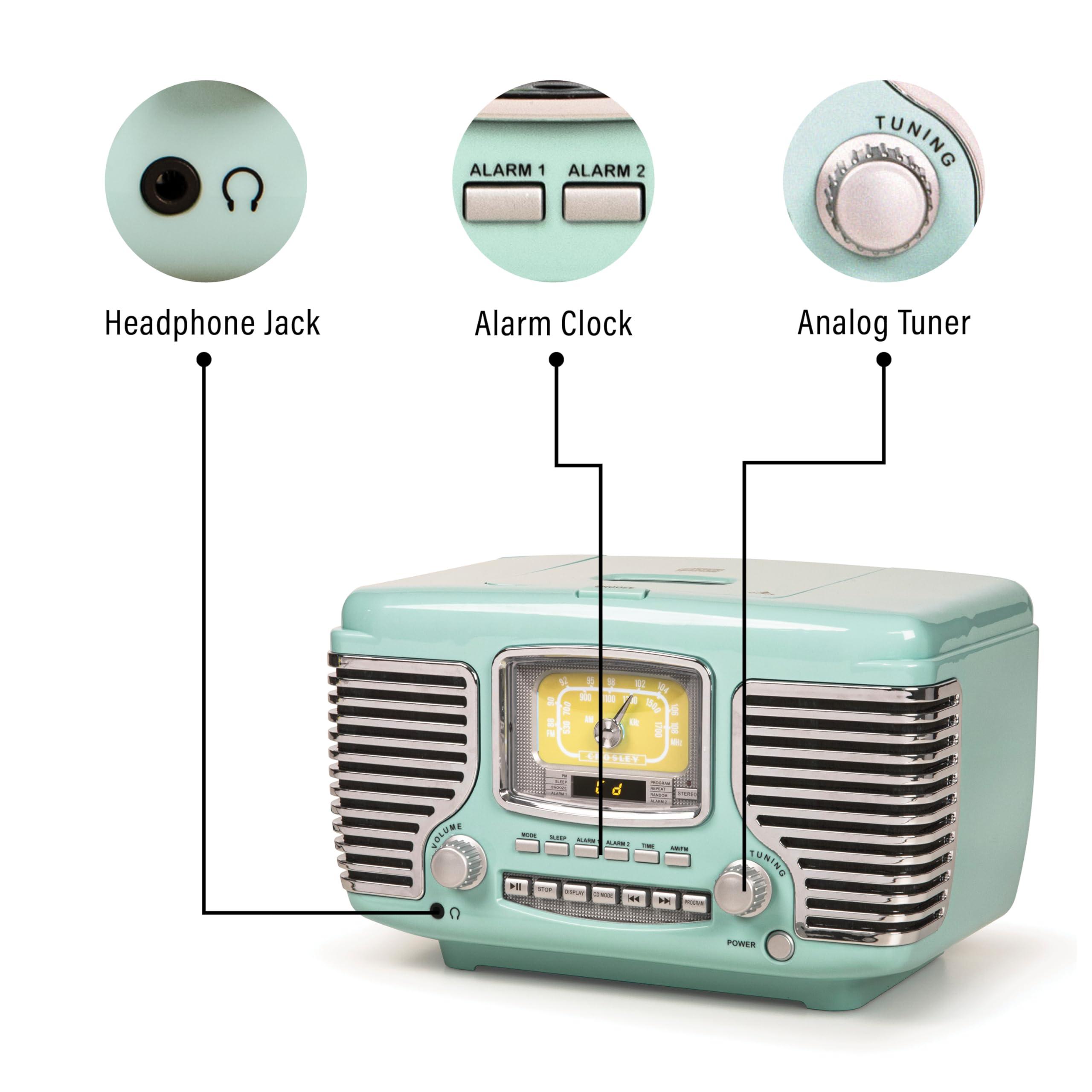 Crosley Crosley CR612B-AB Corsair Tabletop AM/FM Bluetooth Radio with CD Player and Dual Alarm Clock, Aqua Blue
