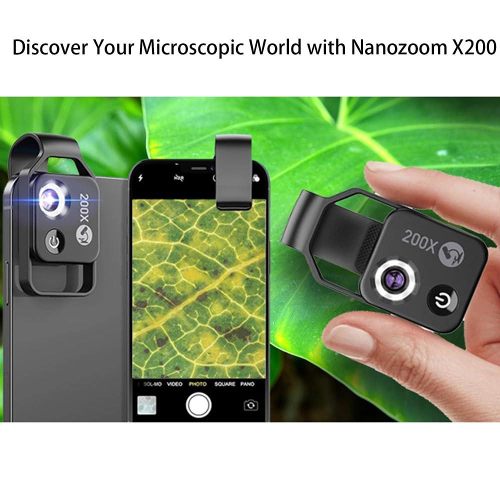 EZGHAR Nanozoom 200x Magnification Zoom, Nanozoom High-Tech Clip-On Lens Turns Any Smartphone Into A Pro-Microscope, Phone Microscope with CPL Lens/LED Light, 200x Pocket Microscope Camera (3pcs)