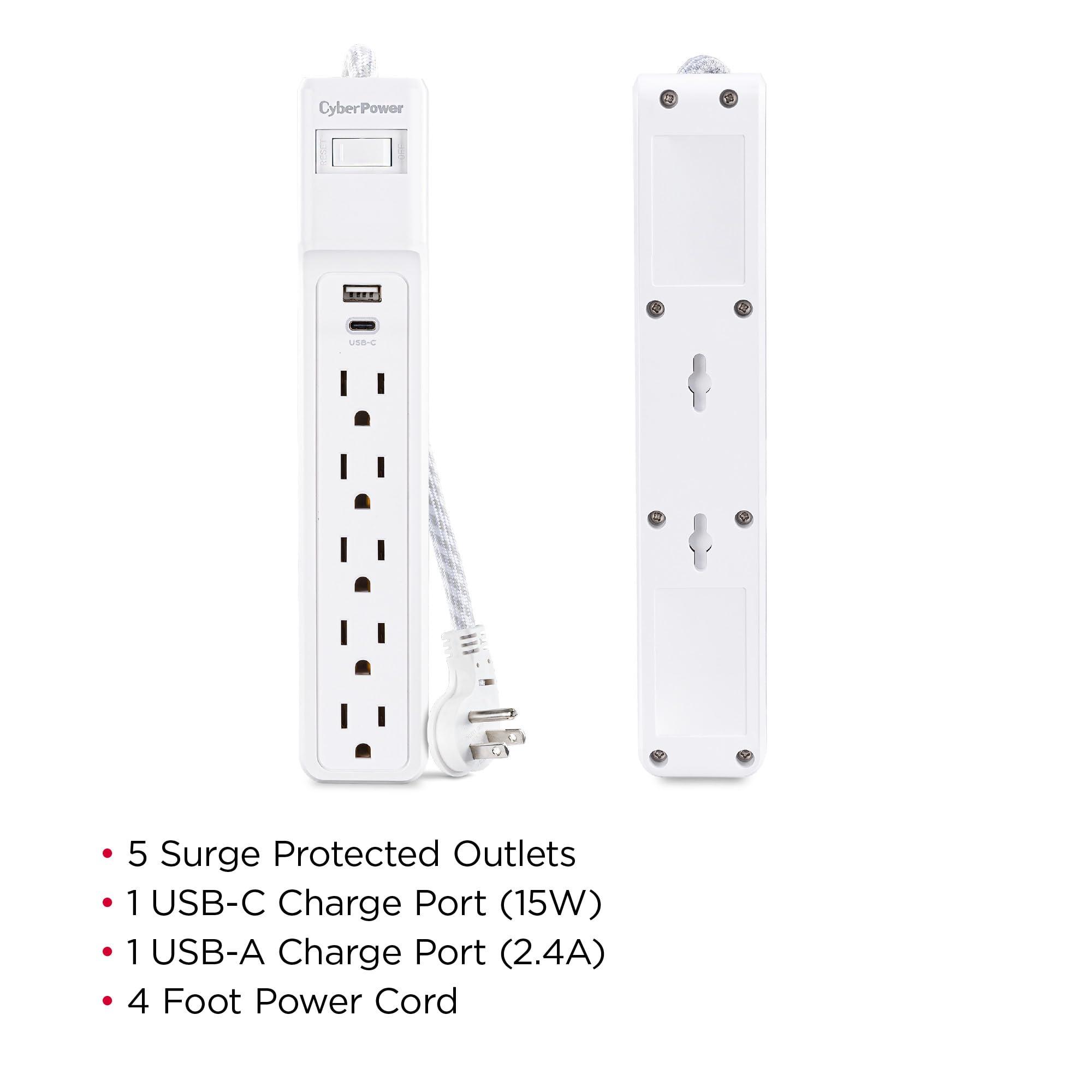 CyberPower CyberPower P504UC Surge Protector, 500J/125V, 15A, 5 Outlets, 2 USB Charging Ports, 4 Foot Cord, White, UL Listed