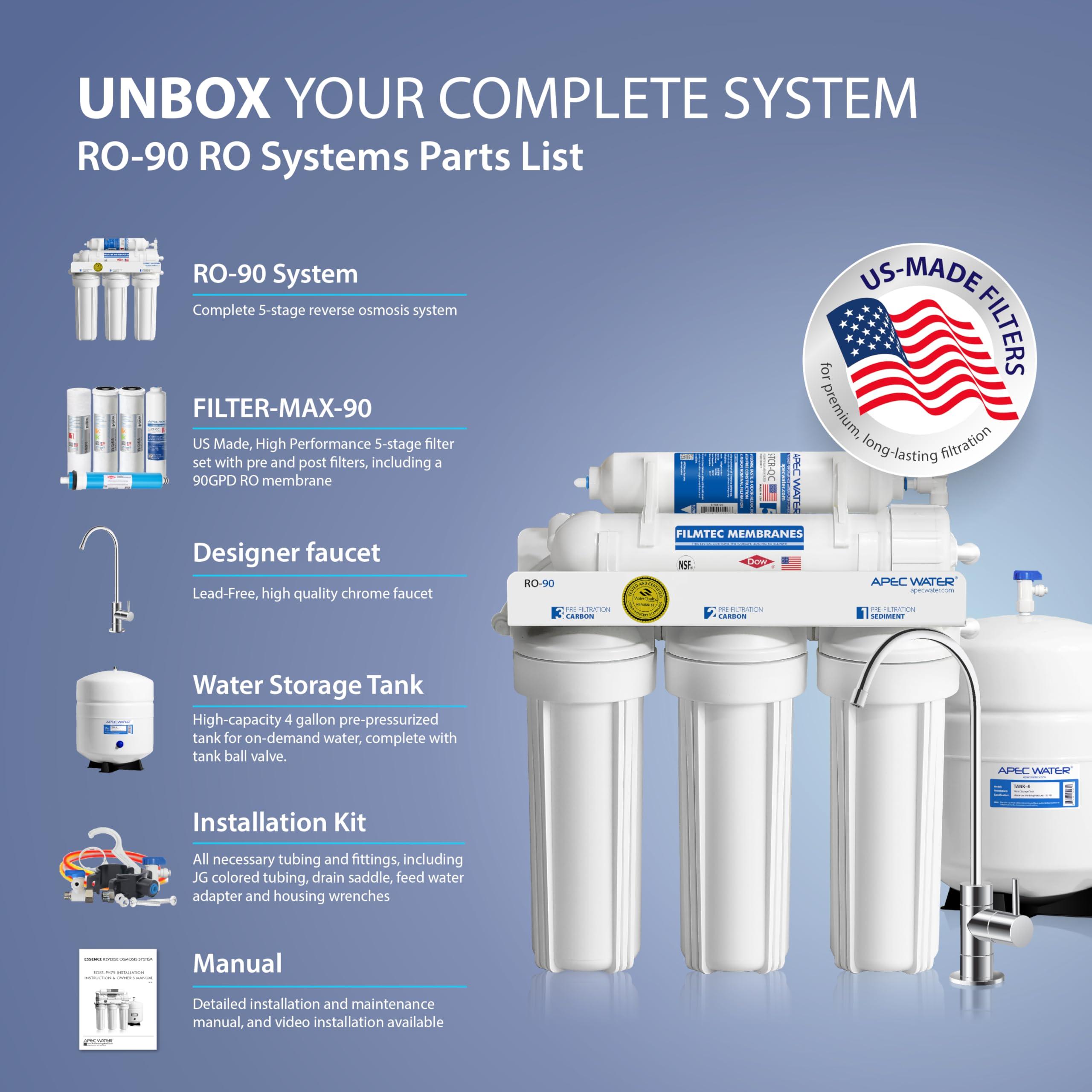 APEC Water Systems APEC Water Systems RO-90 Ultimate Series Top Tier Supreme Certified High Output 90 GPD Ultra Safe Reverse Osmosis Drinking Water Filter System, Chrome Faucet