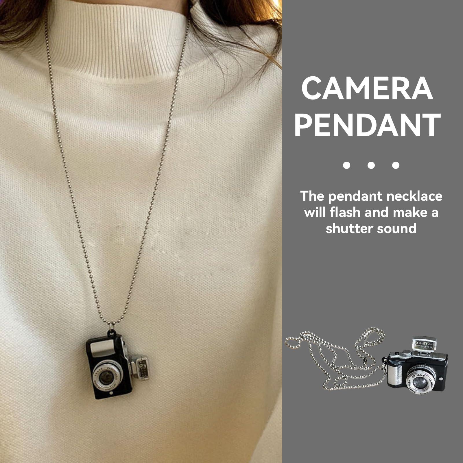 Cyrank Spy Camera Necklace, Hidden Camera Necklace Hip Hop Style Flash Small Camera Pendant Necklaces Glowing Camera Chains for Men Women(Black)