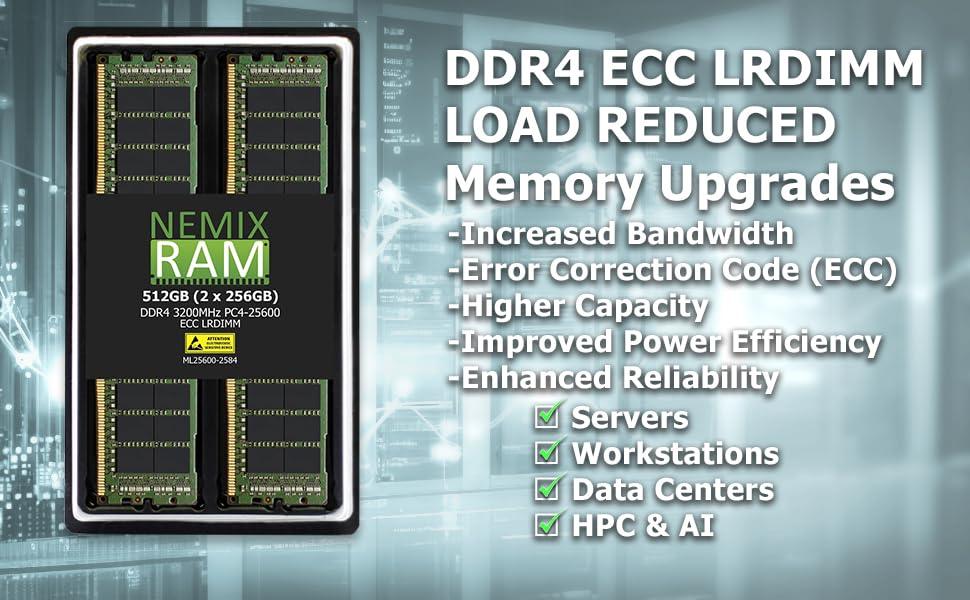 NEMIX RAM NEMIX RAM 64GB (1X64GB) DDR4 3200MHZ PC4-25600 4Rx4 1.2V 288-PIN ECC LRDIMM Load Reduced Server Memory Compatible with ASRock Rack EPYCD8-2T Motherboard