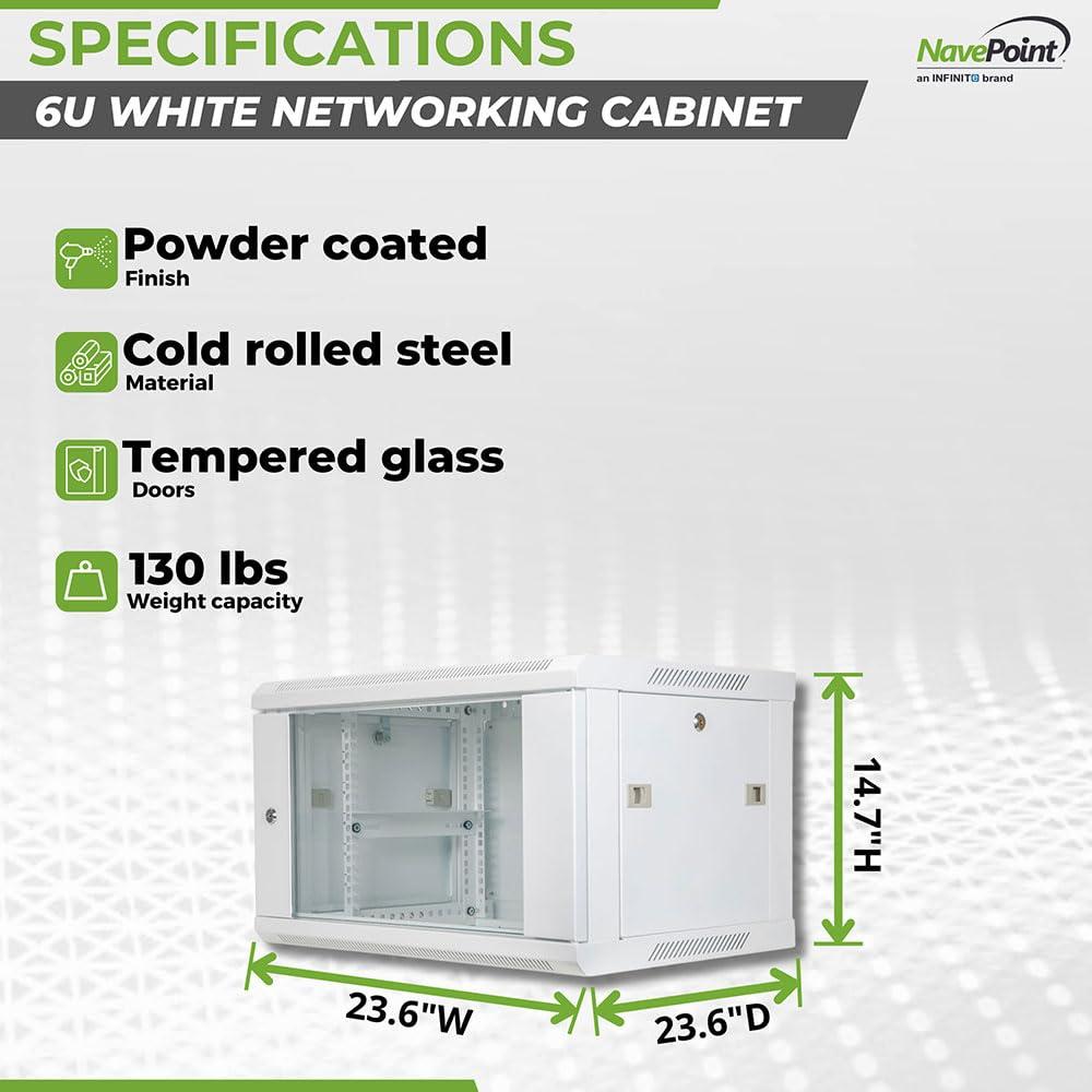NavePoint NavePoint 6U Network Cabinet with Glass Door 6U Wall Mount Server Cabinet White 19 Rack for IT Equipment, AV Devices, Networking Equipment 23 Deep Server Rack Enclosure