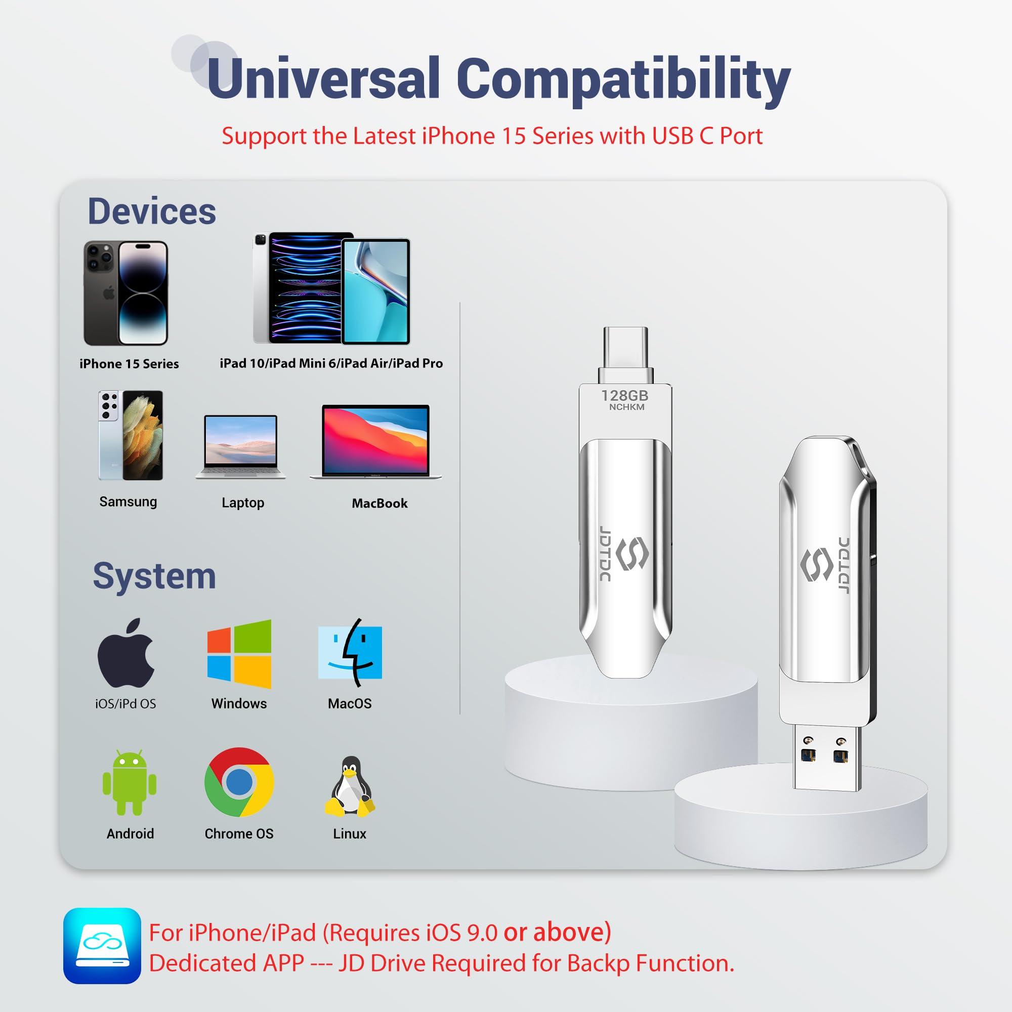 JSL JDTDC 128GB Photo Stick for iPhone Flash Drive iPhone Storage iPad USB Memory External Storage for iPhone Thumb Drive iPhone Lightning USB Flash Drive iPhone Backup Stick