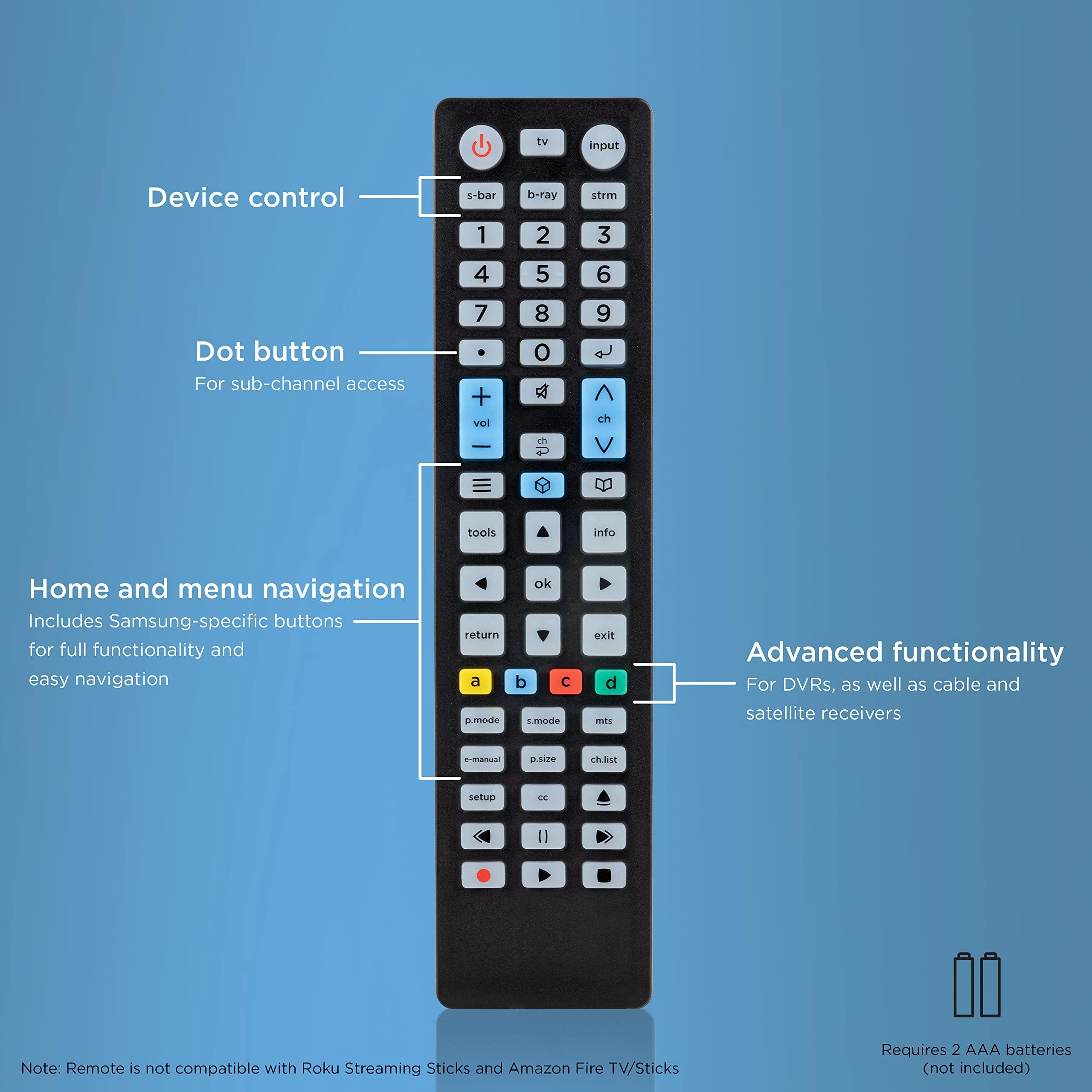 UltraPro UltraPro Replacement Remote for Samsung TV Models After 2015 Compatible with LED LCD HD UHD 4K HDR Smart TVs Universal Remote Control Function for Streaming Players Sound Bars Blu-ray DVD 67207