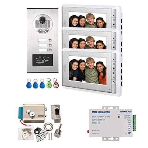 AMOCAM AMOCAM Apartment Video Intercom System and Electric Control Door Lock and 12V Power Supply Control, Support Keyfob Unlock for 3 Units Apartment Household