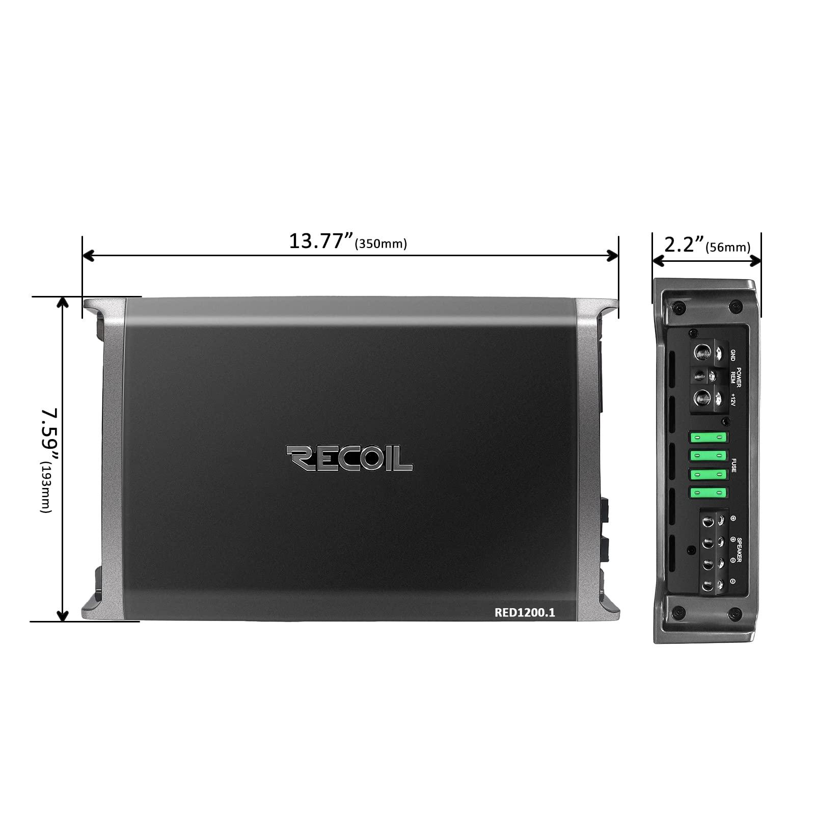 RECOIL Recoil RED1200-1 2500 Watts Class-D Strappable Car Audio Mono-Block Subwoofer Amplifier, 1 Ohm Stable, Remote Bass Knob Included