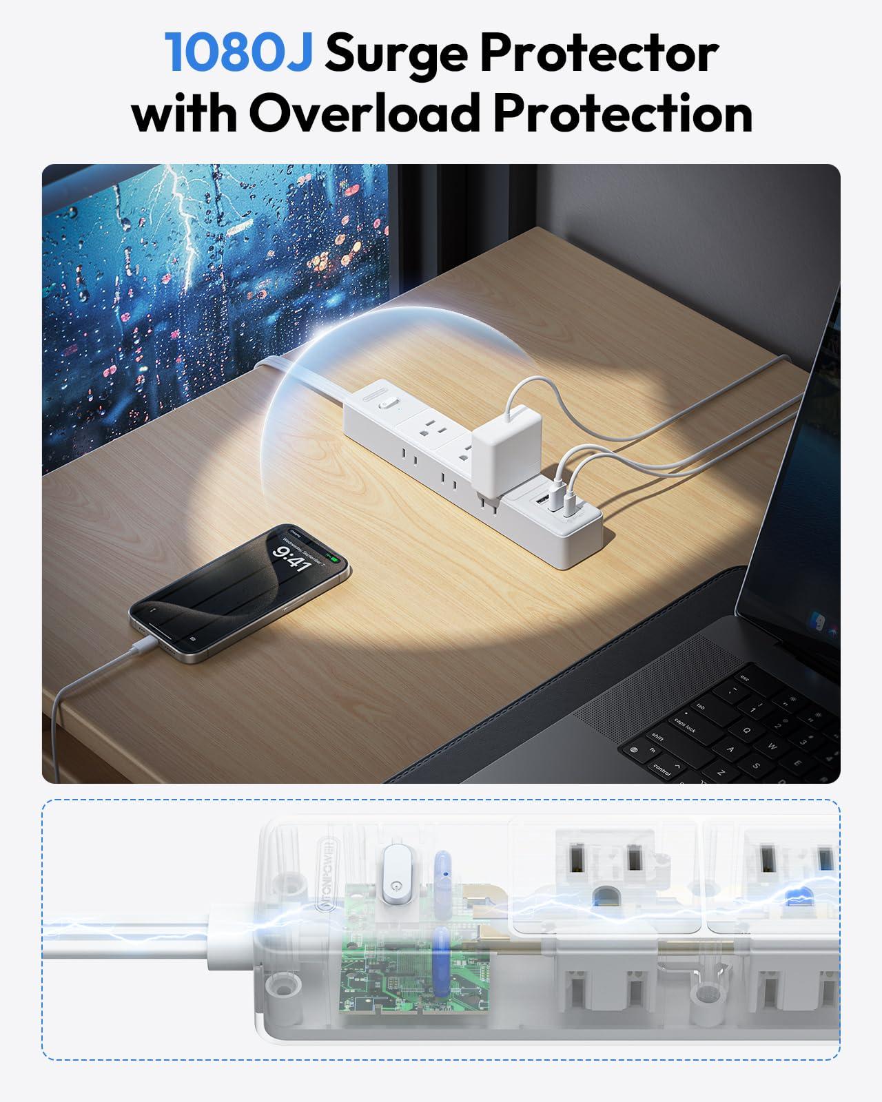 NTONPOWER NTONPOWER 15 ft Extension Cord, 1625W/13A Flat Extension Cord, 1080J Surge Protector & NTONPOWER Flat Extension Cord 10 ft