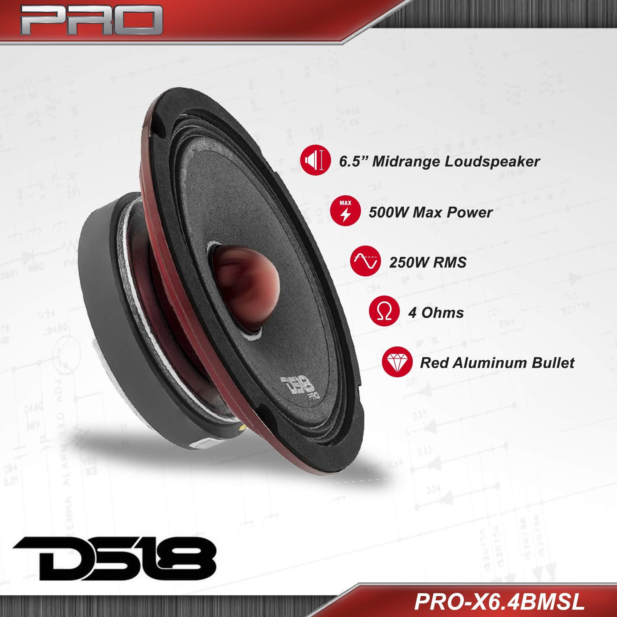 DS18 DS18 PRO-X6.4BMSL Slim Loudspeaker - 6.5", Midrange, Red Aluminum Bullet, 500W Max, 250W RMS, 4 Ohms - Premium Quality Audio Door Speakers for Car or Truck Stereo Sound System (1 Speaker) (Renewed)