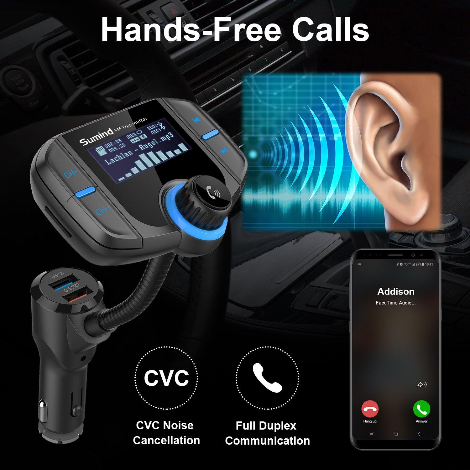 Sumind (Upgraded Version) Bluetooth FM Transmitter, Sumind Wireless Radio Adapter Hands-Free Car Kit with 1.7 Inch Display, QC3.0 and Smart 2.4A Dual USB Ports, AUX Input/Output, TF Card Mp3 Player