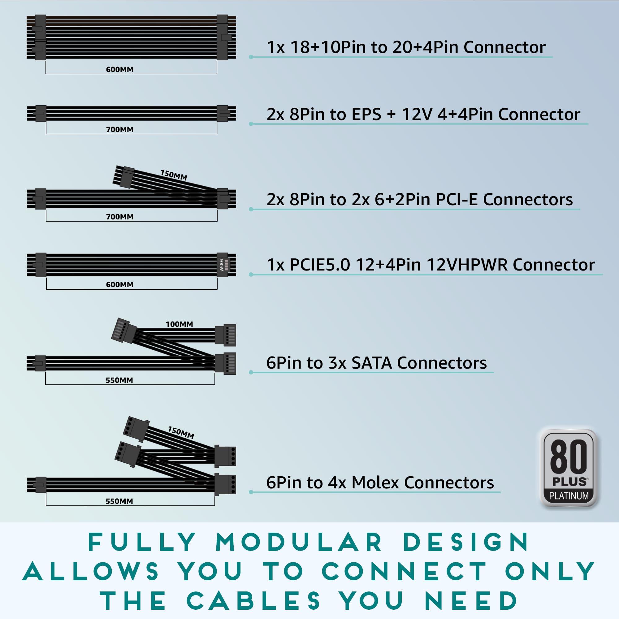 Apevia Apevia ATX-MT1200W Mystic 1200W Fully Modular 80+ Platinum Certified, PCIe 5.0 & ATX 3.0 Ready Active PFC ATX RGB Gaming Power Supply, Includes Gen 5 12VHPWR Connector & 366 RGB Light Modes