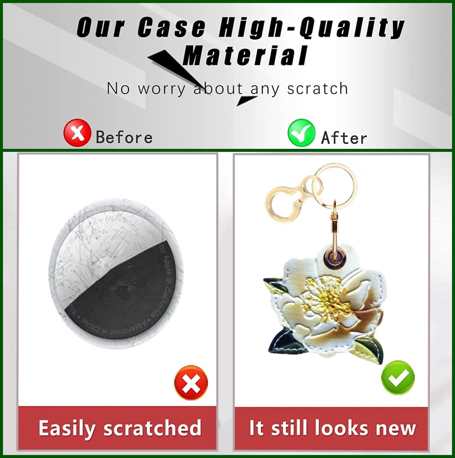 BORKUANA BORKUANA Leather Keychain Holder Case Compatible with Apple AirTag, Cute Protective Air Tag Cover with Keychain Ring, Anti-Scratch Finder GPS Tracker Case for Wallet Keys(White Peony)