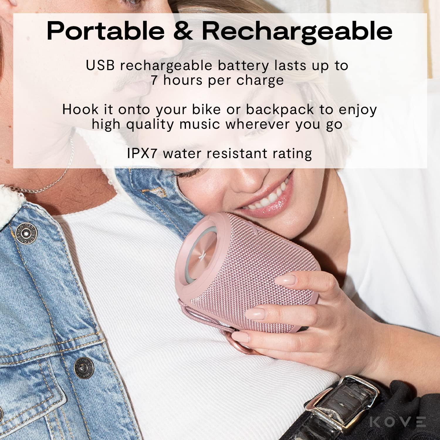 KOVE KOVE Mini Commuter 2 Portable Speaker - Pink Bluetooth Speakers, Wireless with HD Louder Volume, Deep Bass Subwoofer, Microphone, IPX7 Water Resistant - Perfect Boom Box for Home, Outdoor or Travel