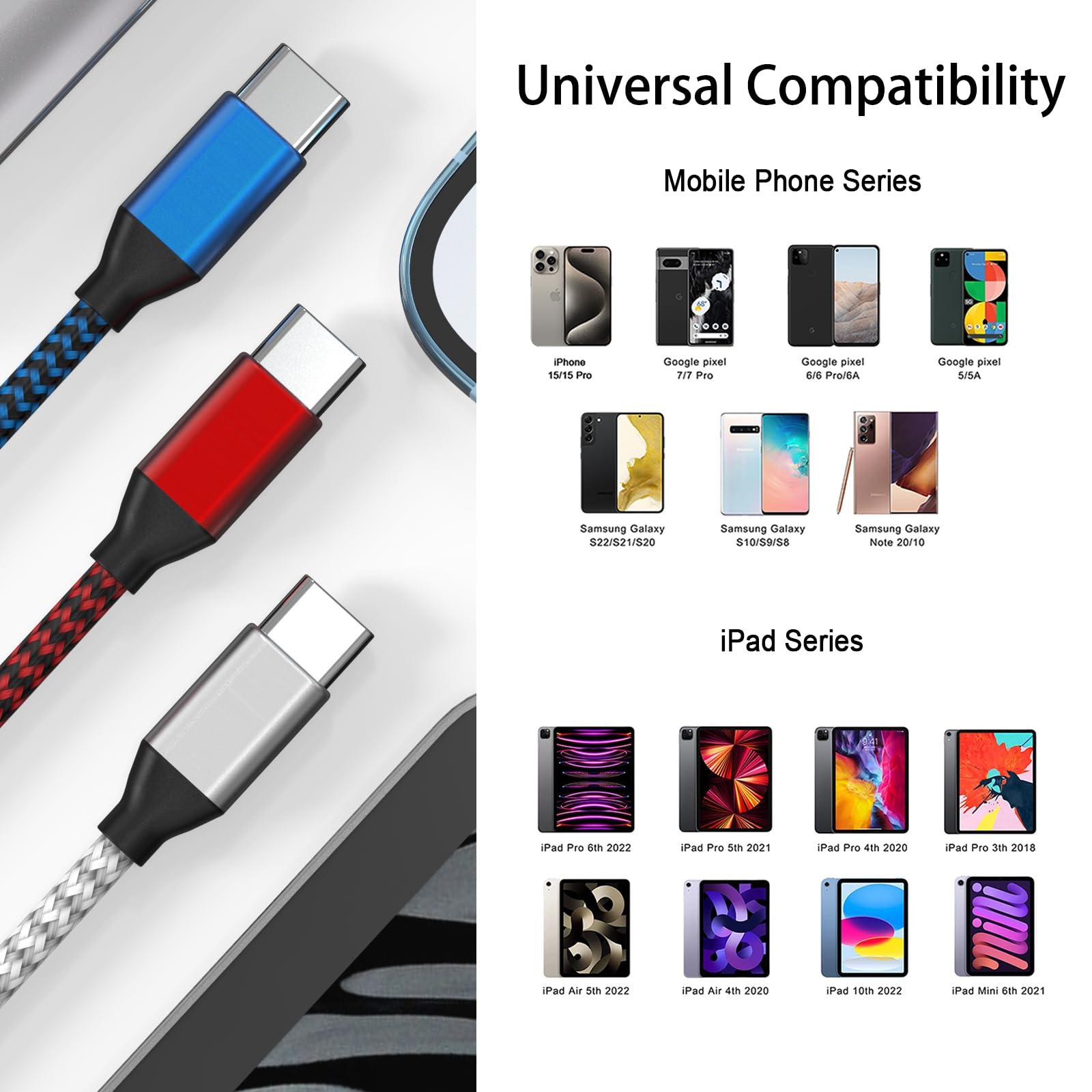 MUXA USB C to USB C Cable Nylon Braided 60W 3/3/6/6/10 FT USB Type C Fast Charging Cable for iPhone 16/16 Plus/16 Pro Max/15/15 Plus/15 Pro Max, MacBook Pro, iPad Pro Air, Samsung S24/S24 Ultra/S23