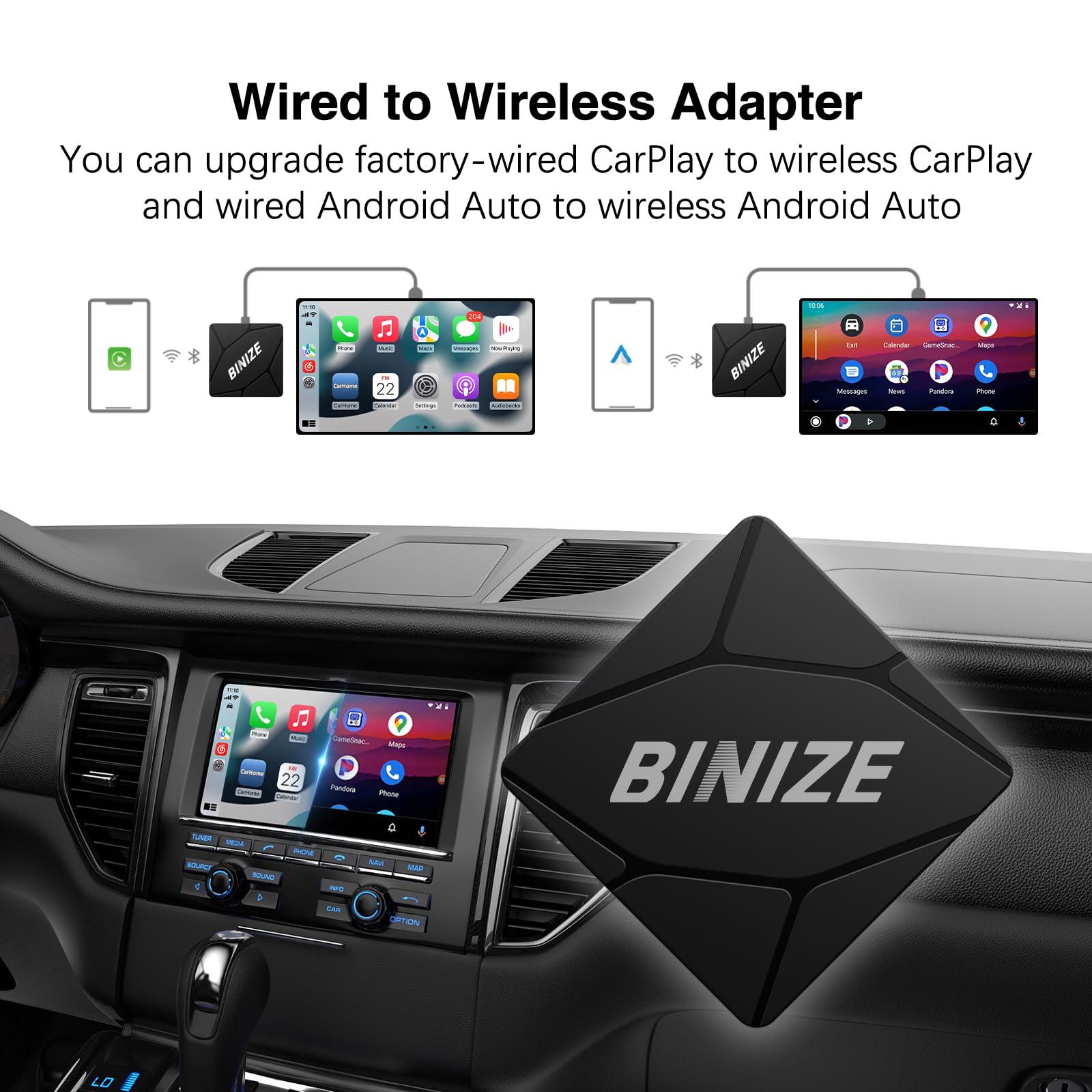 BINIZE Wireless Carplay Adapter & Android Auto Wireless Adapter, 2-in-1 Converts Wired to Wireless Carplay Dongle for Plug & Play Carplay Android Auto Car with iOS 10+ / Android 11+