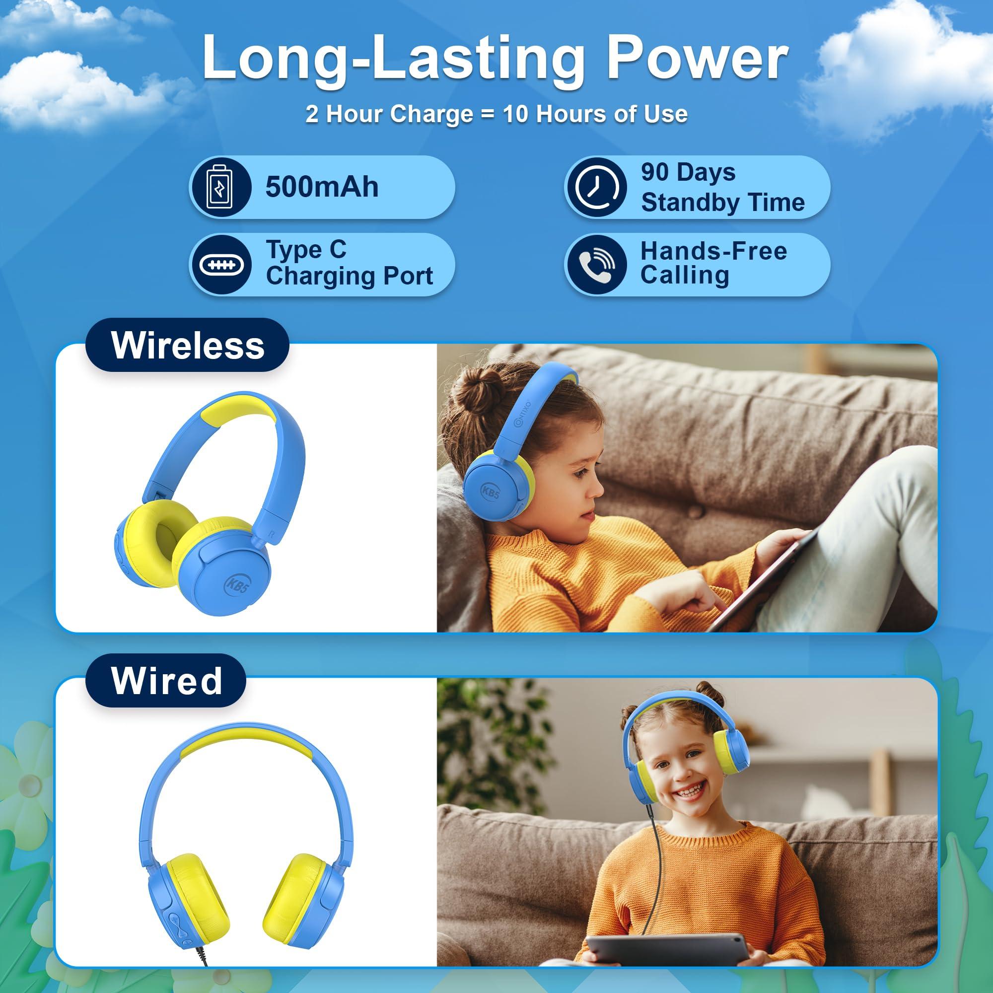 Contixo Contixo KB-5 Kids Headphones - Over The Ear Foldable Bluetooth Wireless Headphone for Kids - 85dB with Volume Limited - Toddler Headphones for Boys and Girls (Blue + Yellow)