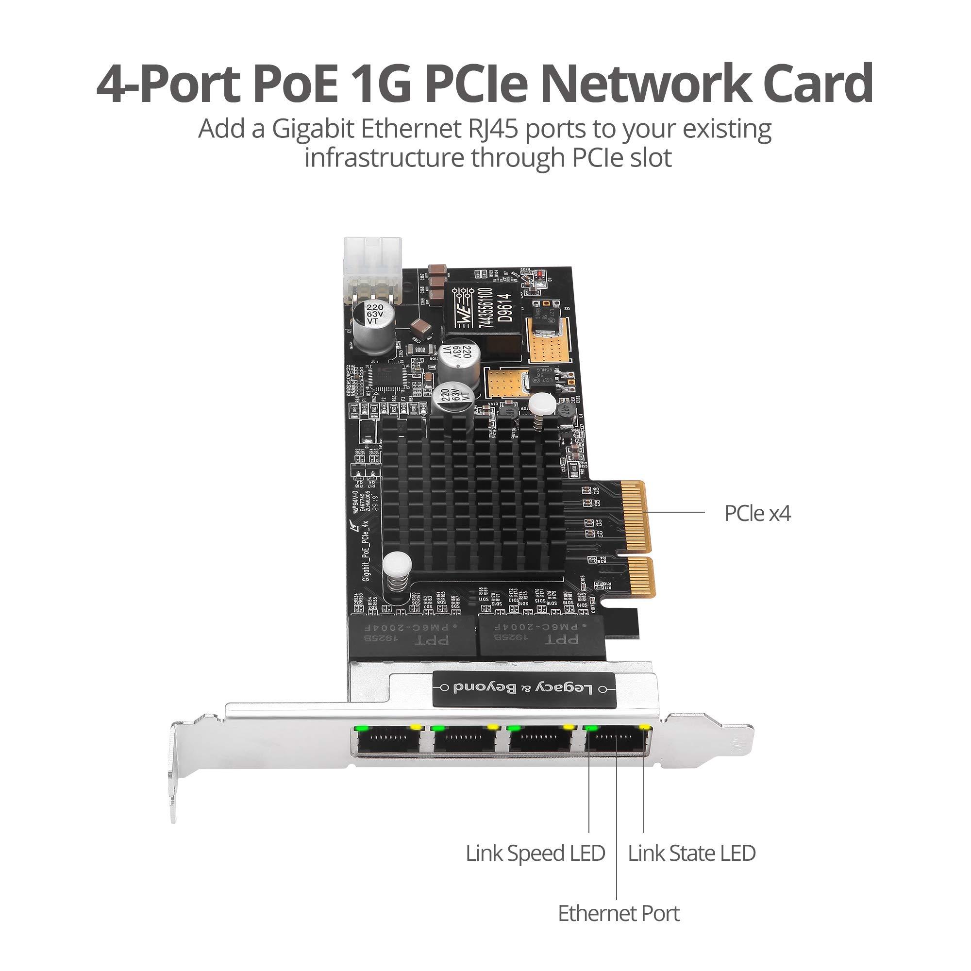 SIIG SIIG 4 Port Gigabit Ethernet PCIe Card with PoE (Power Over Ethernet) - Intel i350-T4, PoE+, 30W Per Port, VLAN, Dual-Profile Brackets (LB-GE0811-S1)