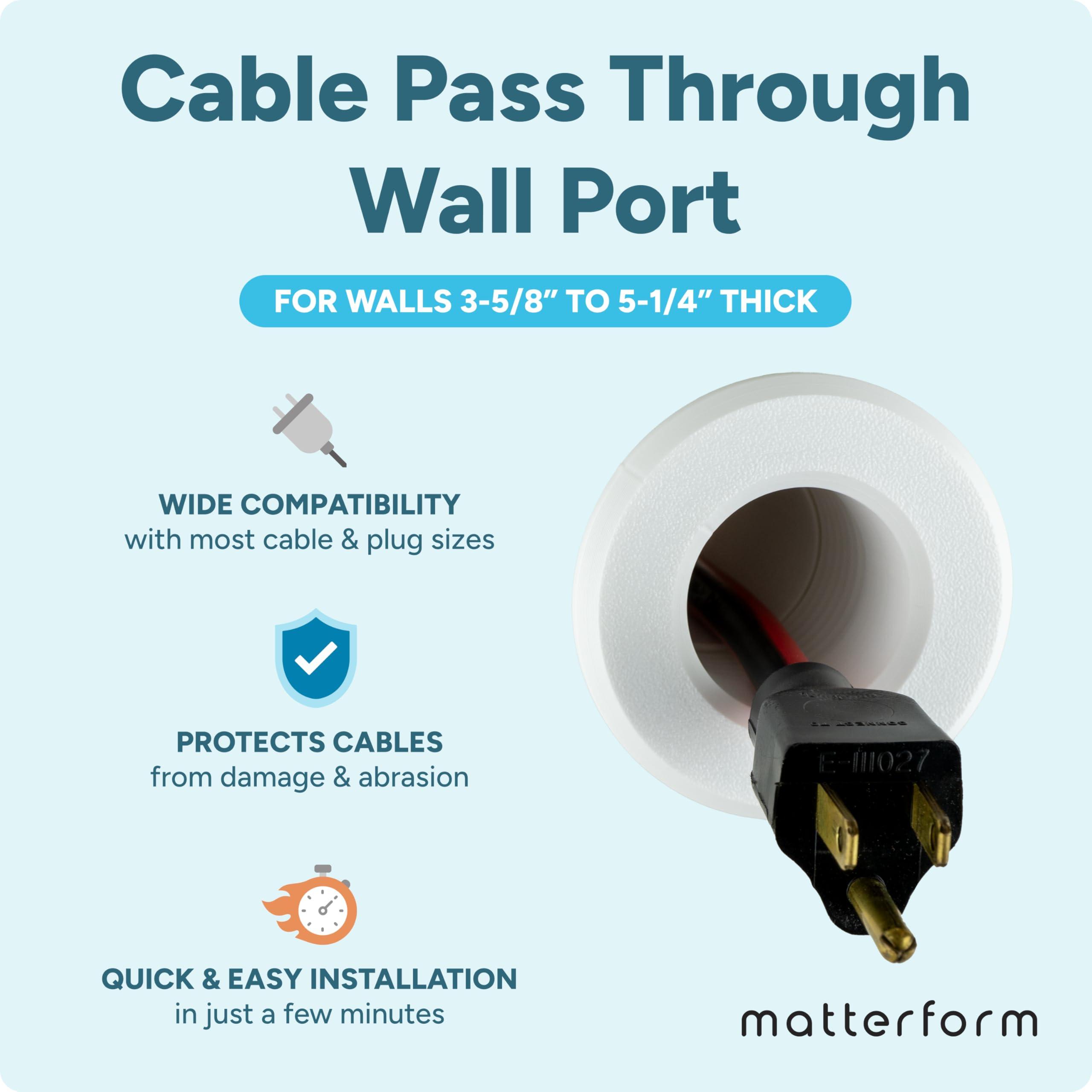 matterform Cable Pass Through Wall Port | Fits Cable Sizes up to 3-Prong Plug | Compatible with 3 5/8 - 5 1/4 Wall Thickness | Provides Solid Channel Through Wall (White)