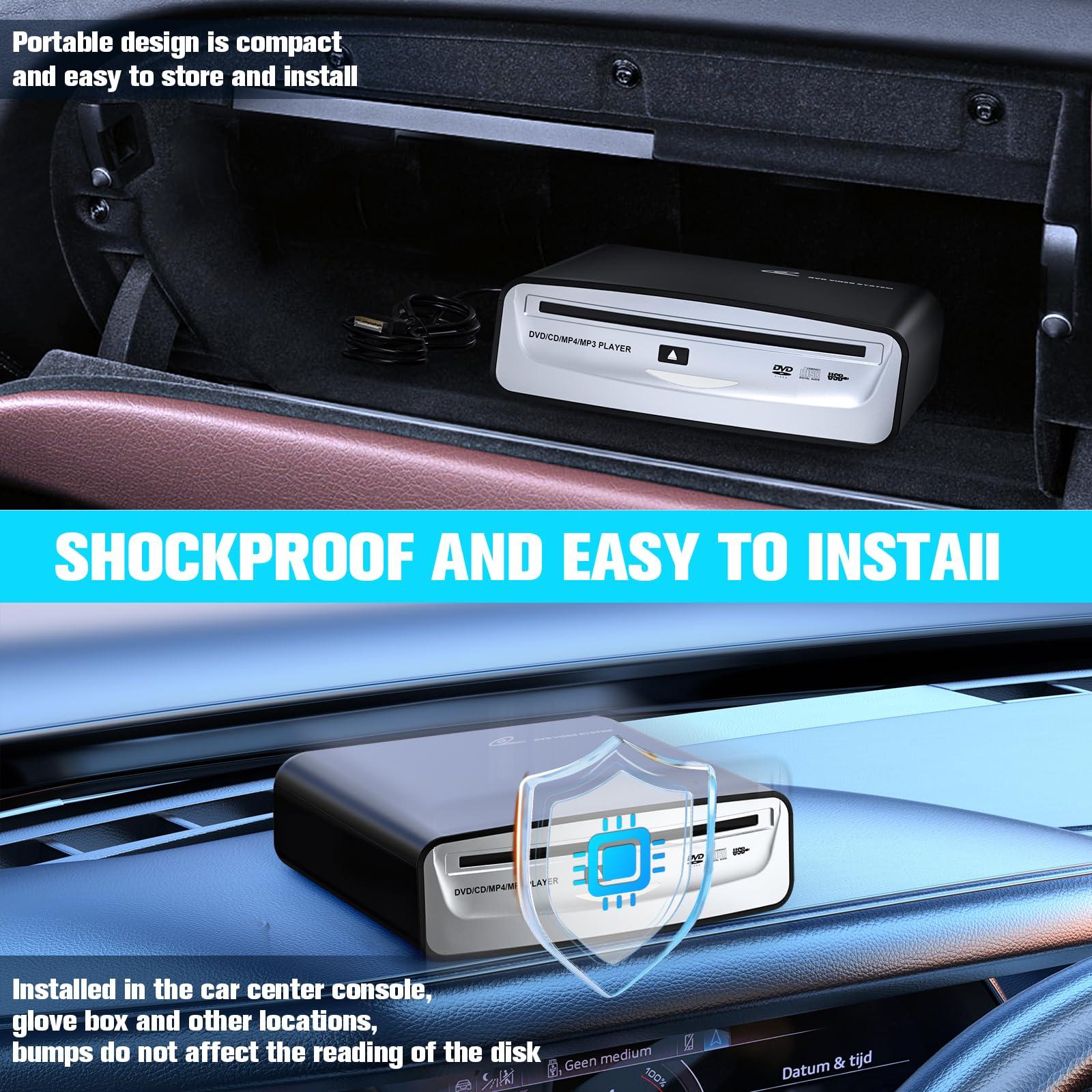 Carrkoopy CD Player for Car with USB & AUX Ports, Upgraded Portable External CD DVD Player for Car Laptop Desktop TV Mac Computer, with Extra USB Extension Cable