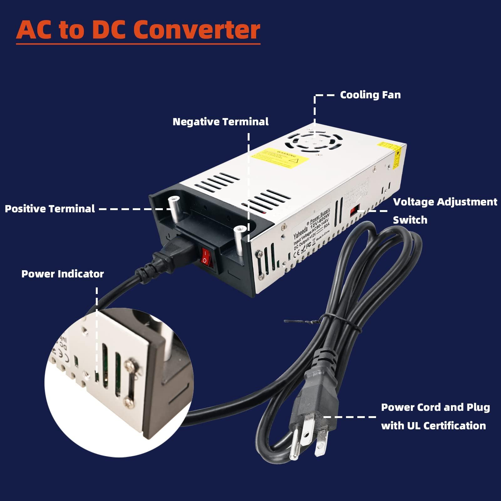 Yaheeda Yaheeda New Version Converter, 110V AC to 12V DC Converter Power Supply 12V 600W 50A DC Switch Transformer for RV,Pump,LED Strip, LCD Monitor