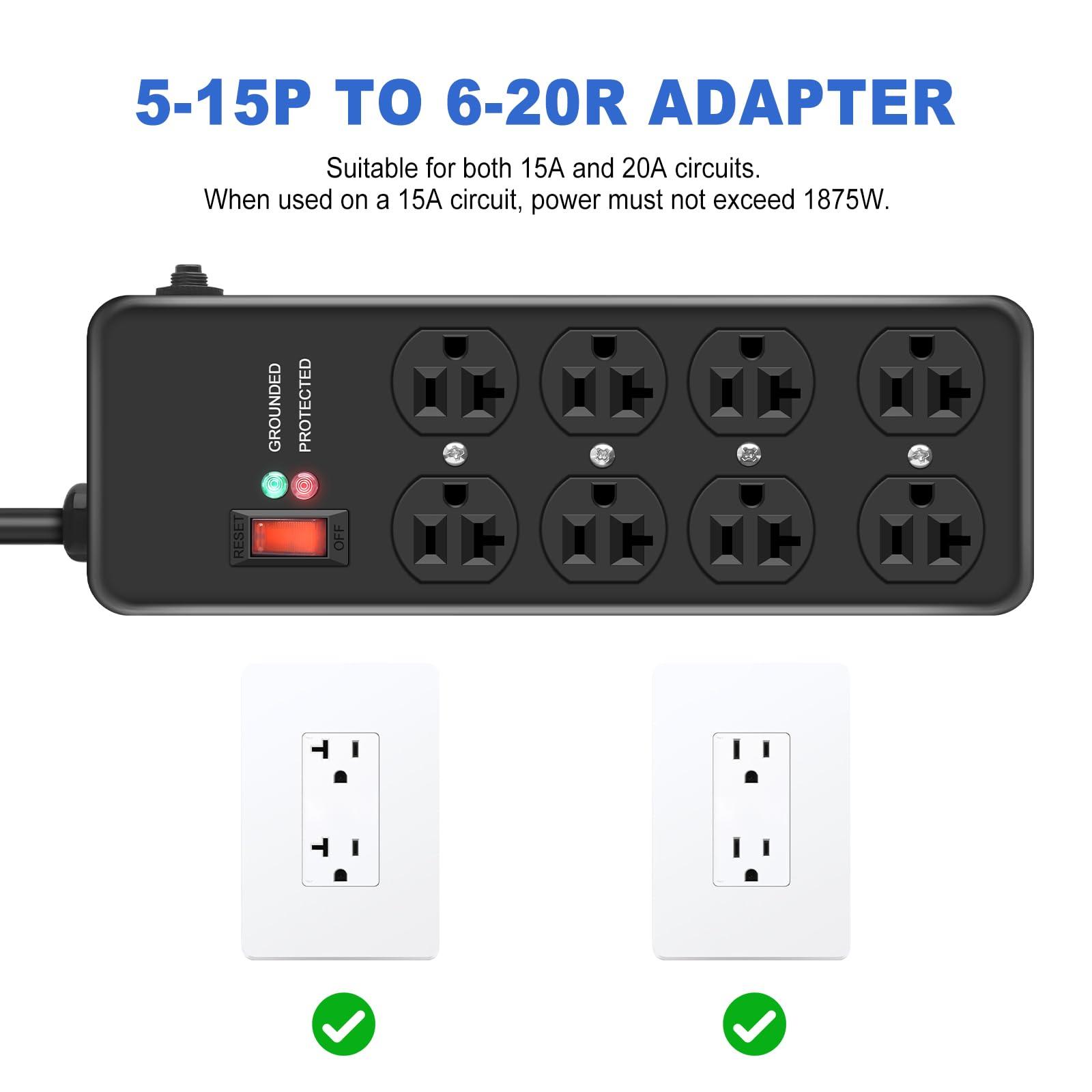 HEZI 20Amp Power Strip Surge Protector, Durable Metal 8-Outlet with Heavy Duty 20 Amp 10Ft 12 Gauge Extension Cord, for Garage, Workshop & Industrial Use with 6-20R T-Slot Outlets, 4800J