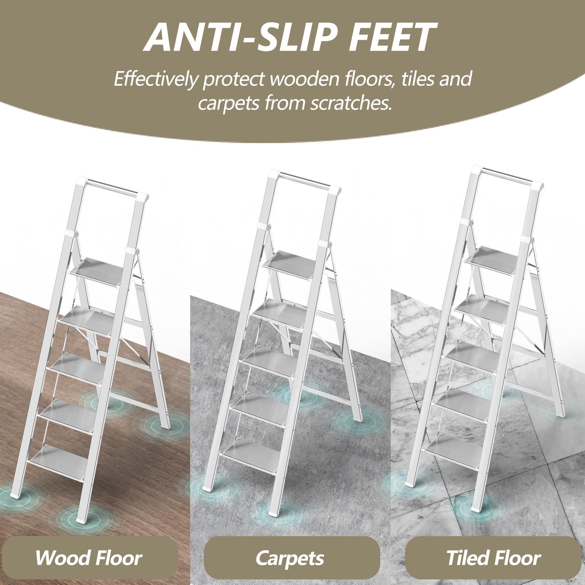 Soladder SOLADDER 5 Step Ladder, Folding Step Stool, White Foldable Ladder for 10 Foot High Ceiling with Anti-Slip Wide Sturdy Pedal and Handgrip, Multi-Use for Home (300 lbs Capacity)