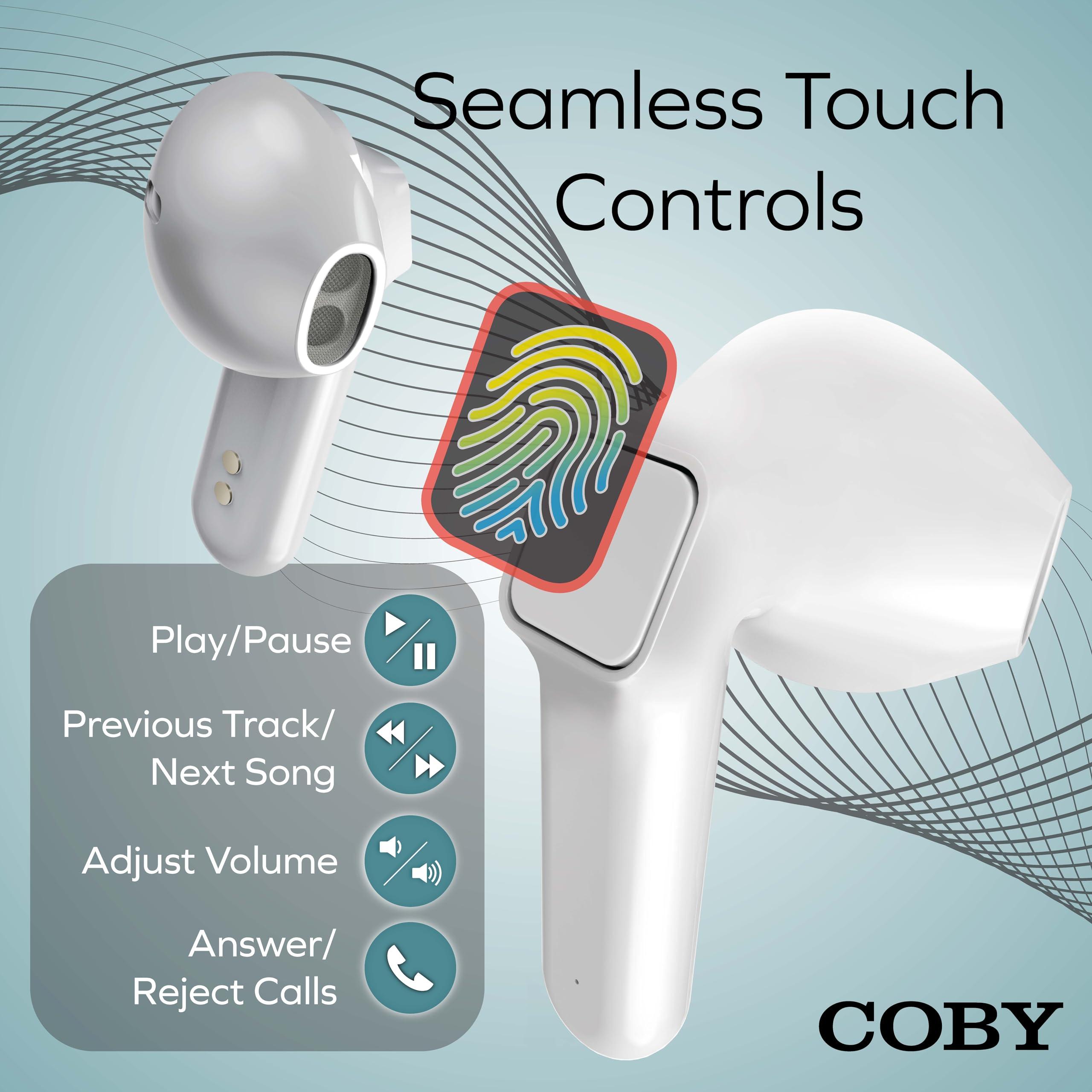 Coby Coby Sweat-Resistant True Wireless Earbuds | in-Ear Bluetooth Earphones | 12H Playtime | Voice Assistant Support | Noise-Isolating | Built-in Mic | Dedicated Audio Controls (White)