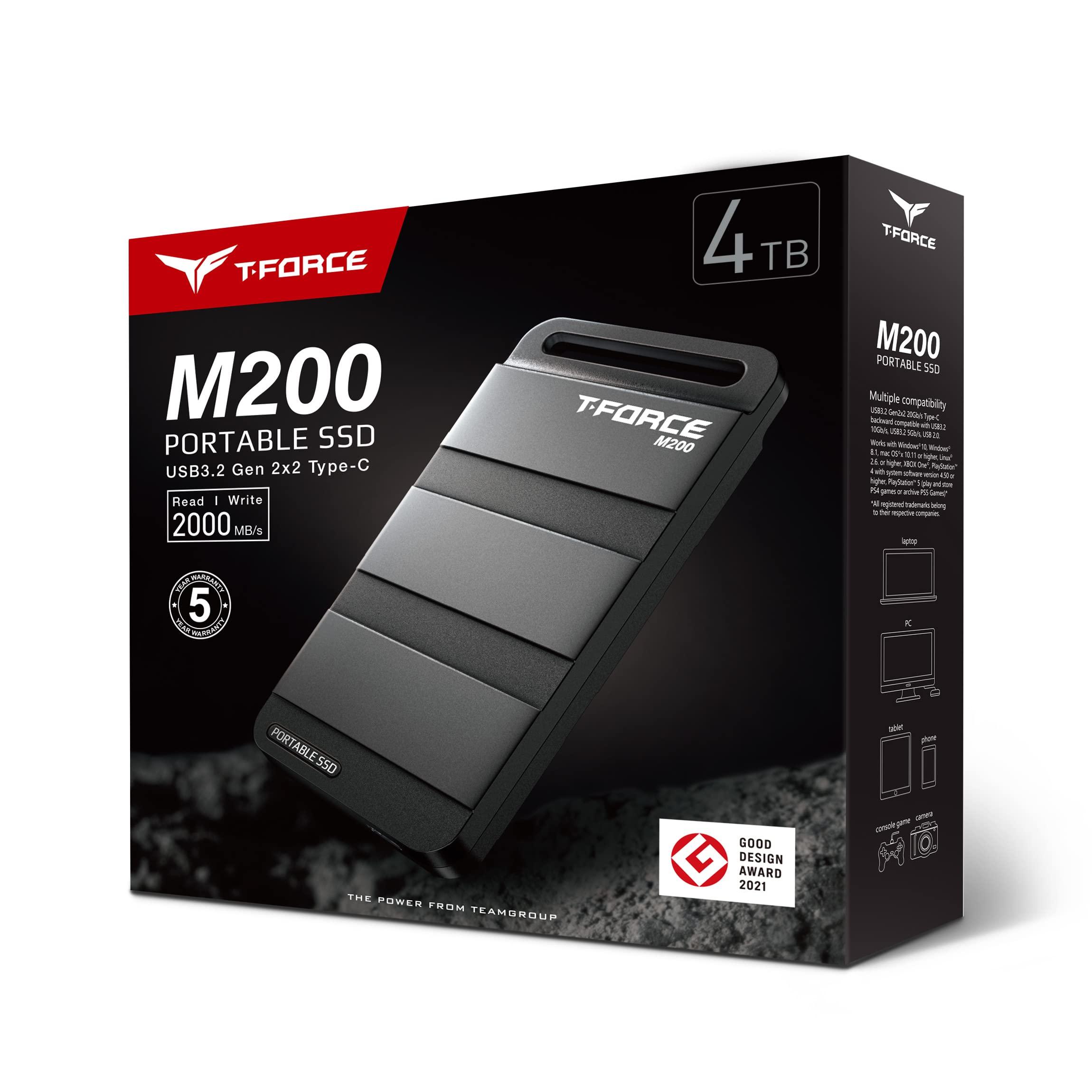 TEAMGROUP TEAMGROUP T-Force M200 Portable External SSD 4TB USB3.2 Gen2x2 Type-C Read/Write 2000MB/s Compatible with PS5 & Xbox & Chrome OS T8FED9004T0C102