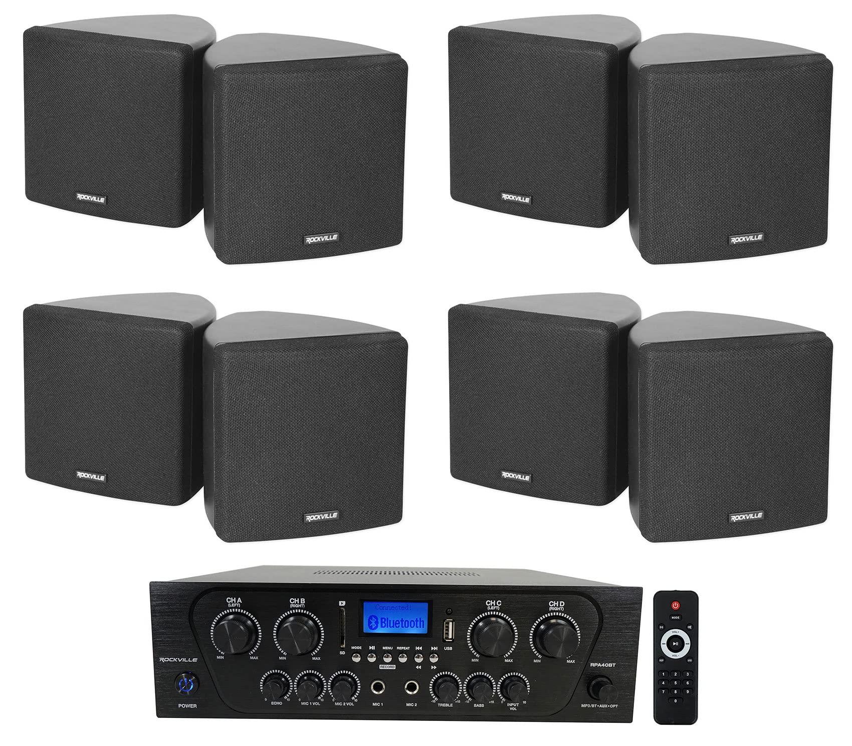 Rockville Rockville RPA40BT 4-Room Home Audio Kit Receiver+(8) Black Wall Cube Speakers