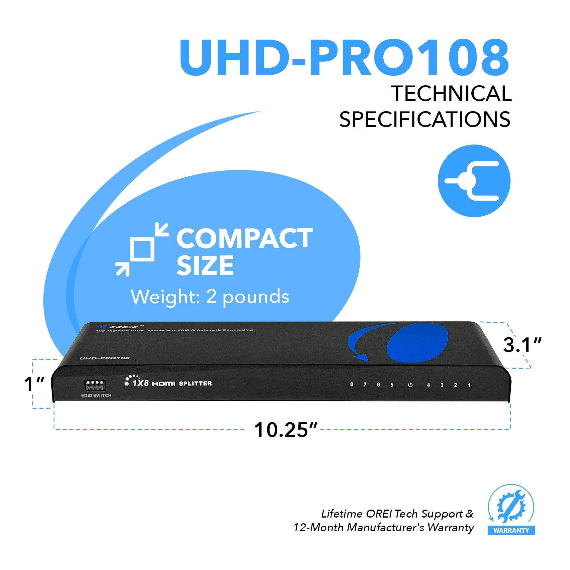 OREI OREI 4K 1 in 8 Out HDMI Splitter 4:4:4 8-bit - HDMI 2.0, HDCP 2.2, 18 Gbps, 4K @ 60Hz HDMI Duplicator/Distributor UltaHD High Resolution (1x8)