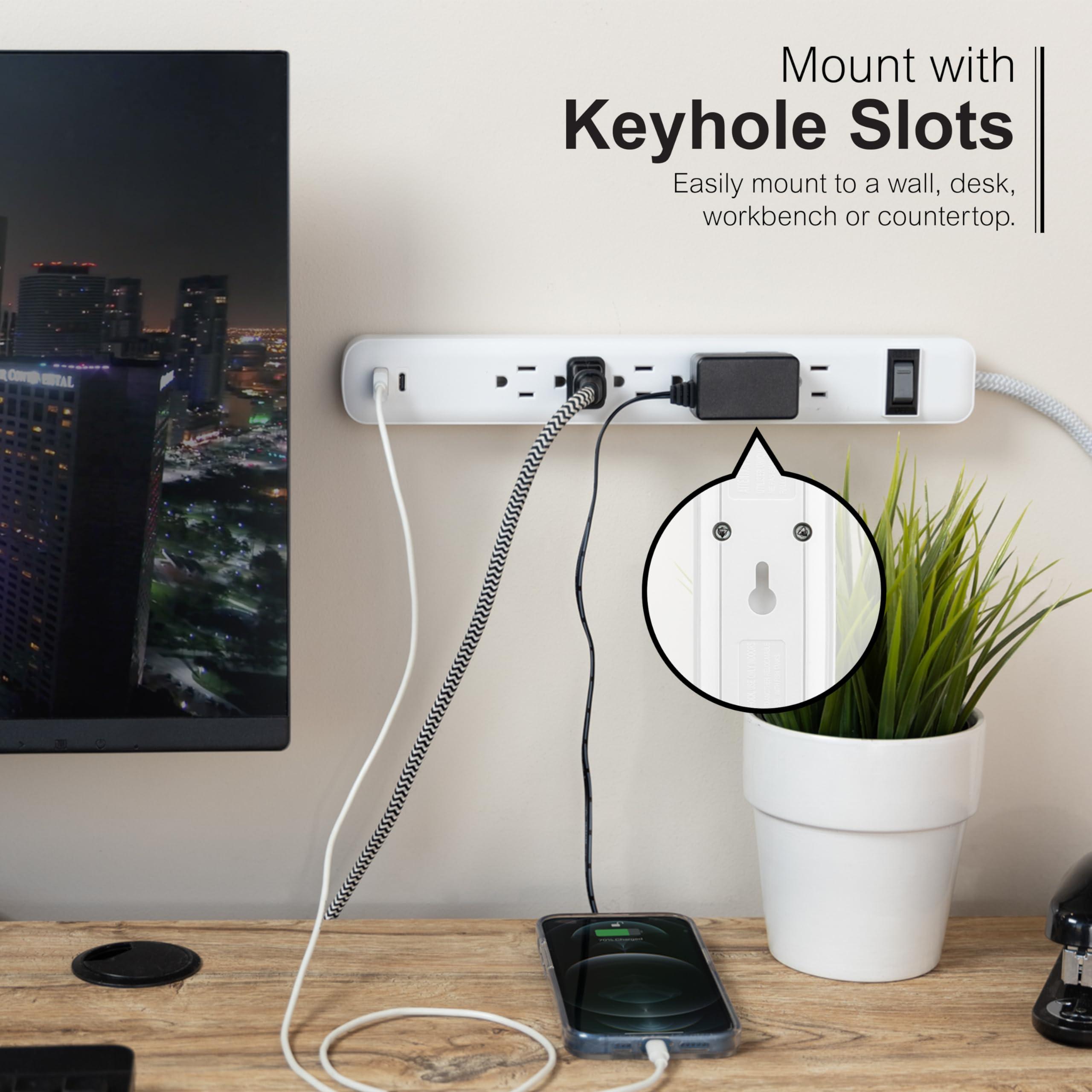 GE GE 6-Outlet Power Strip with USB, 1 USB-A, 1 USB-C, Outlet Extender, 6 Ft Braided Extension Cord, Flat Plug, Charging Station, White, 82594