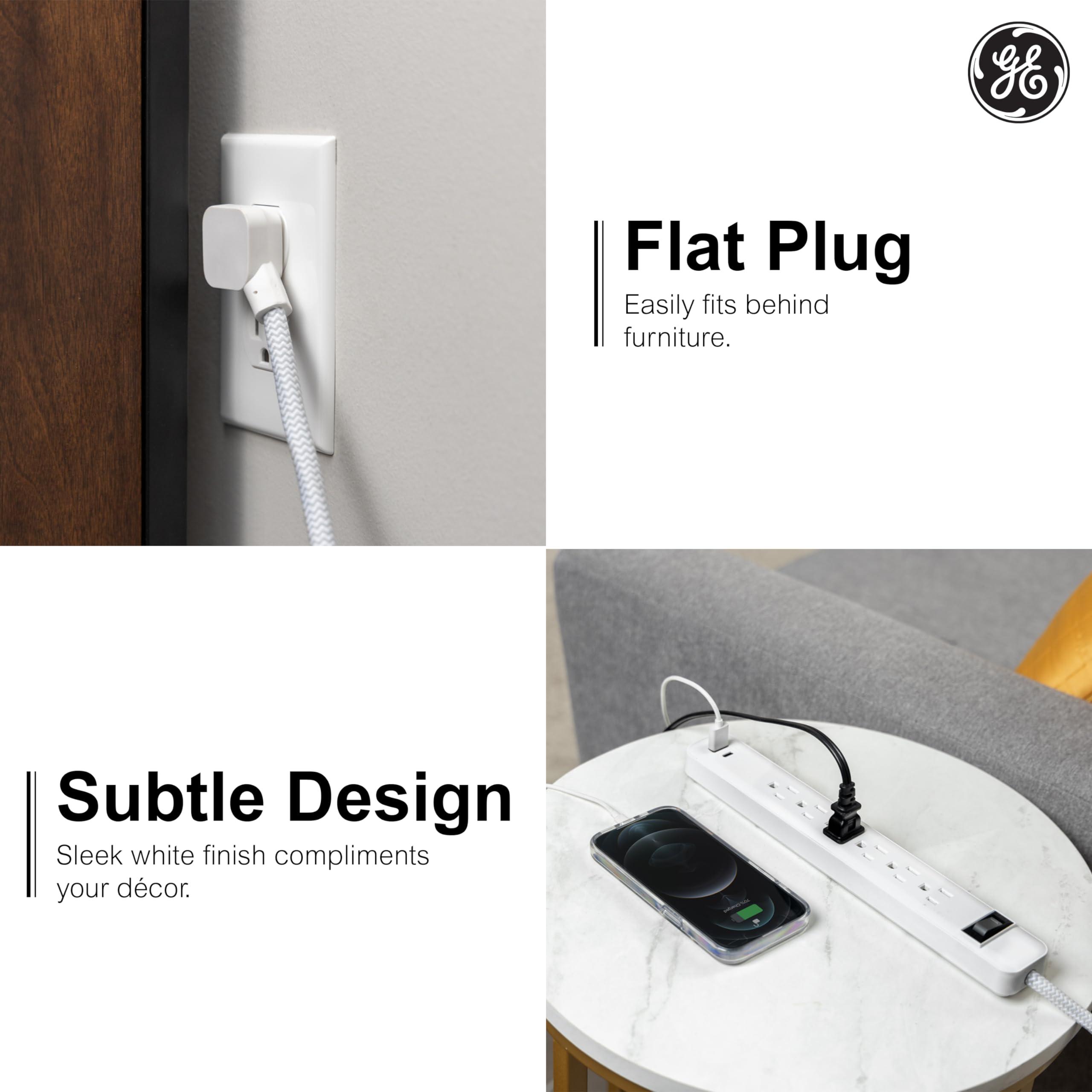 GE GE 6-Outlet Power Strip with USB, 1 USB-A, 1 USB-C, Outlet Extender, 6 Ft Braided Extension Cord, Flat Plug, Charging Station, White, 82594