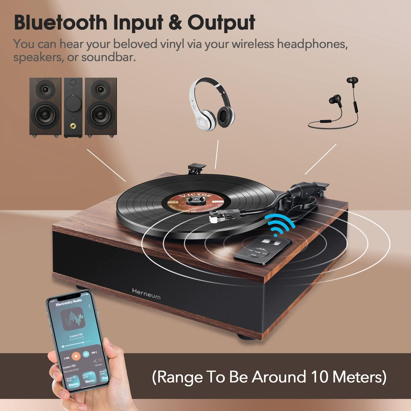 Herneum Record Player Bluetooth, Vintage Turntable with 2 Stereo Speakers Built-in Bluetooth Input Output for Double-Speed Vinyl Record Belt-Drive Manual Turntable Portable Record Player