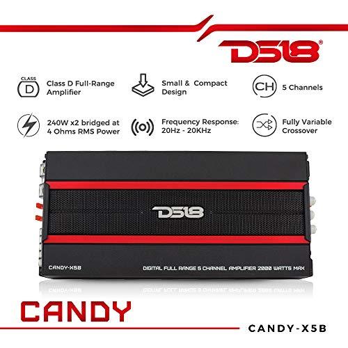 DS18 DS18 CANDY-X5B Amplifier in Black - Class D, 5 Channels, 2000 Watts Max, Digital, 1/2/4 Ohm, with Remote Subwoofer Level Controller - Compact Amplifier for Speakers in Car Audio System