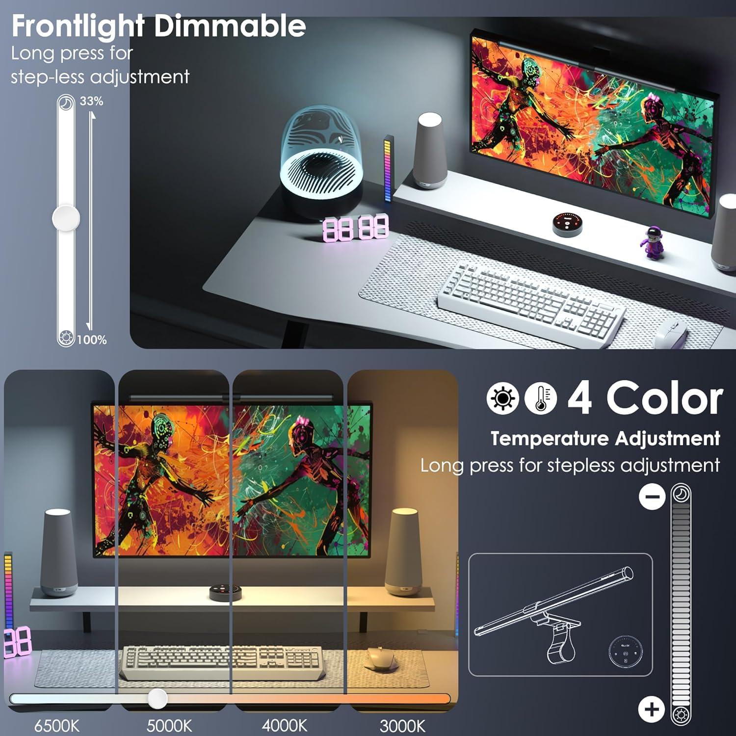 Quntis Quntis RGB Pro+ Monitor Light Bar with Remote, 15 Modes Gaming Backlight, 4 Colors & Brightness Dimmable Fronlight, 20" Ra95 Eye-Care USB Reading Monitor Lamp, No Glare, Upgraded Clip for All Monitor