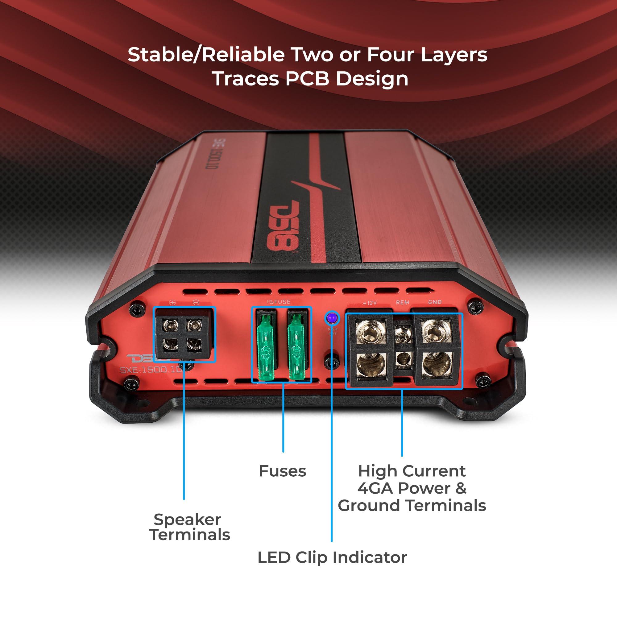 DS18 DS18 SXE-1500.1D SXE Class D Monoblock Car Amplifier 1 x 500 Watts RMS @ 1 Ohm 1500 Watts - Compact Amplifier with Remote Subwoofer Level Control (Red)