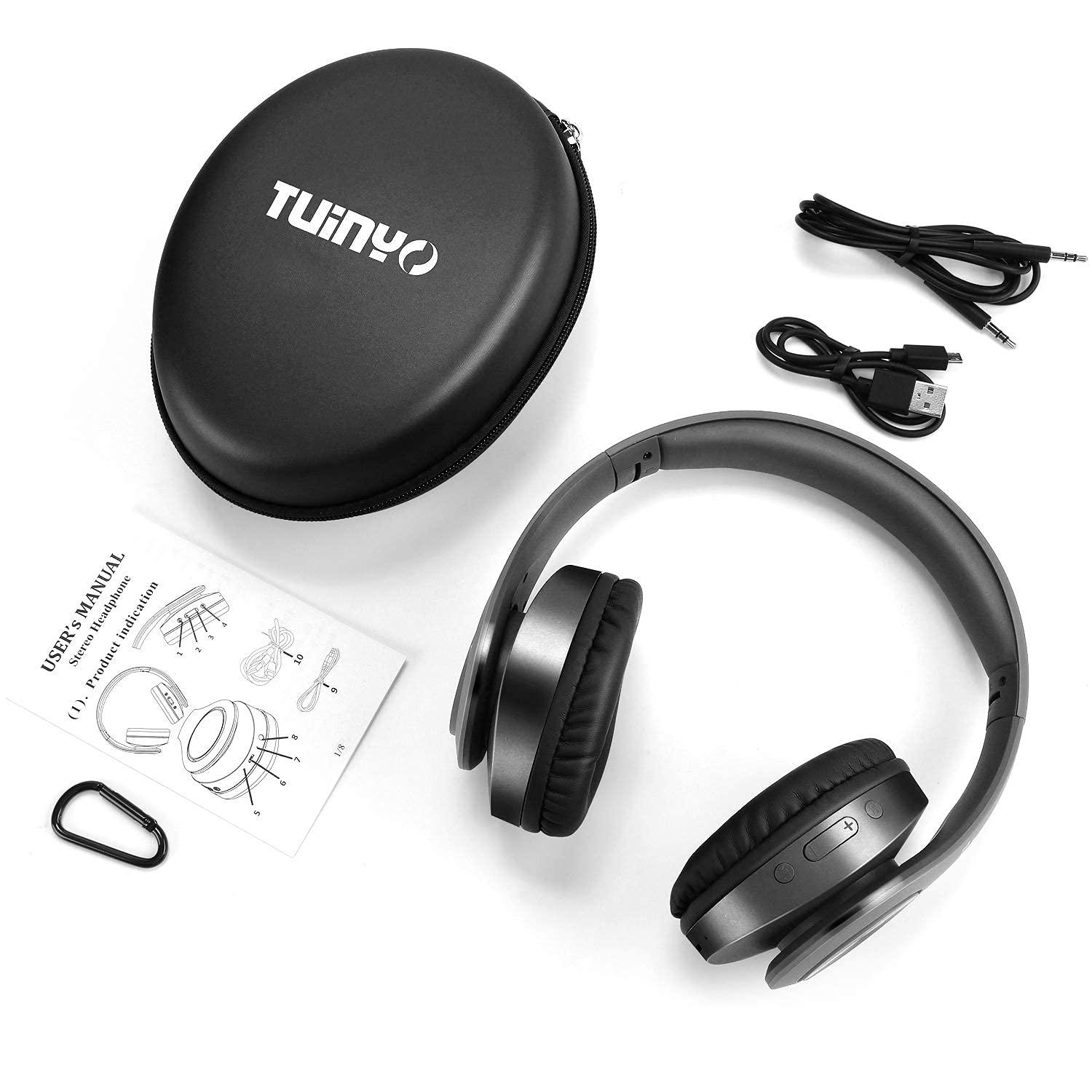TUINYO TUINYO Bluetooth Headphones Wireless, Over Ear Stereo Wireles Headset 40H Playtime with deep bass, Soft Memory-Protein Earmuffs, Built-in Mic Wired Mode PC/Cell Phones/TV-Dark Grey