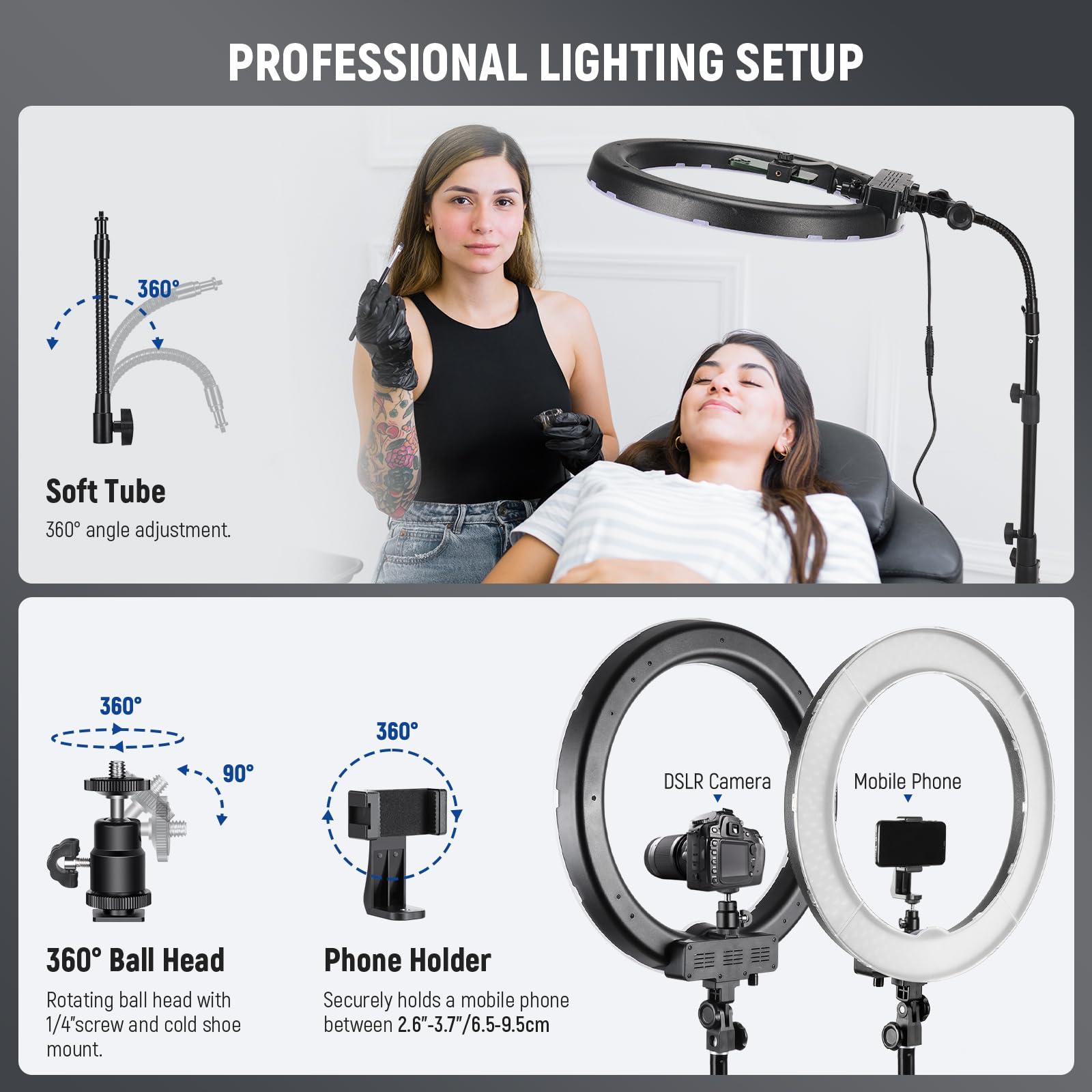 Neewer NEEWER Ring Light 18inch Kit: 55W 5600K Professional LED with Stand and Phone Holder for Tattoo Lash Barber Makeup Video Photography Lighting, RL-18 with Phone Tripod Mount Adapter
