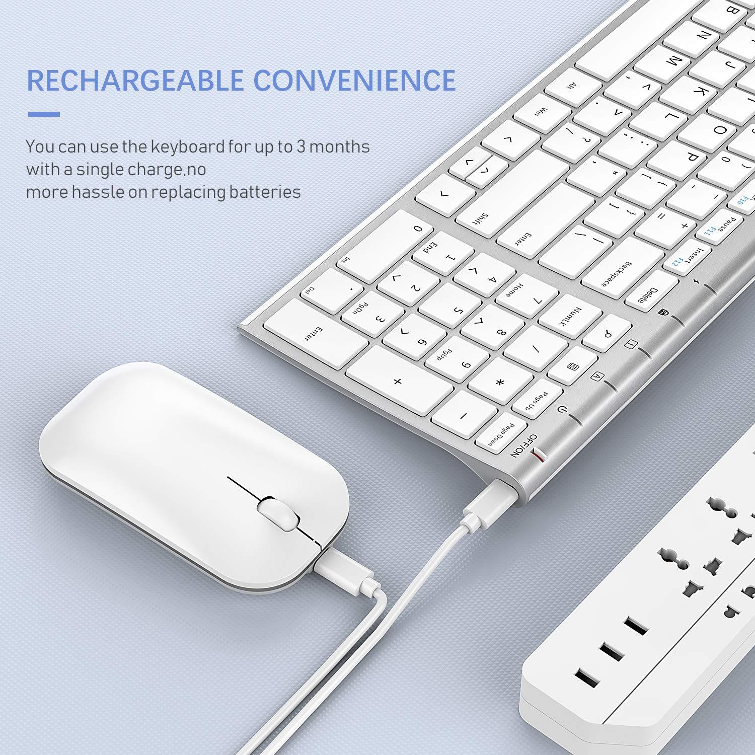 seenda seenda Rechargeable Wireless Keyboard Mouse, Ultra Thin Low Profile Wireless Keyboard and Mouse with Number Pad, Quiet Portable Combo Compatible for Windows XP/7/8/10/11/11 Pro, Silver White