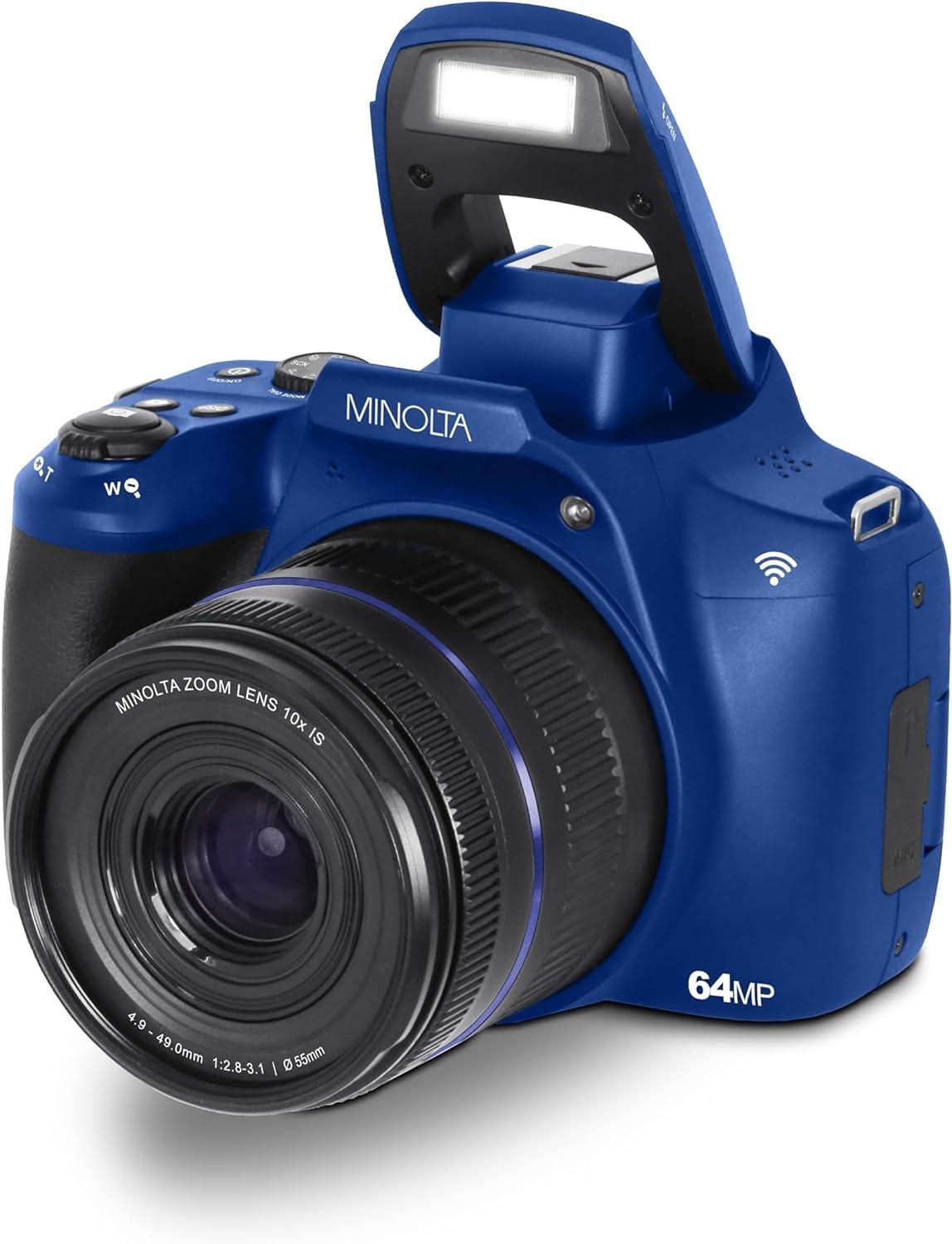 Konica Minolta Minolta 64 Mega Pixels Auto Focus Digital Camera with 10x Optical Zoom, 4K Ultra HD Video and Macro Shooting, Bundle with 32 GB Memory Card + Vlogging Tripod + Cleaning kit + More Accessories (Blue)