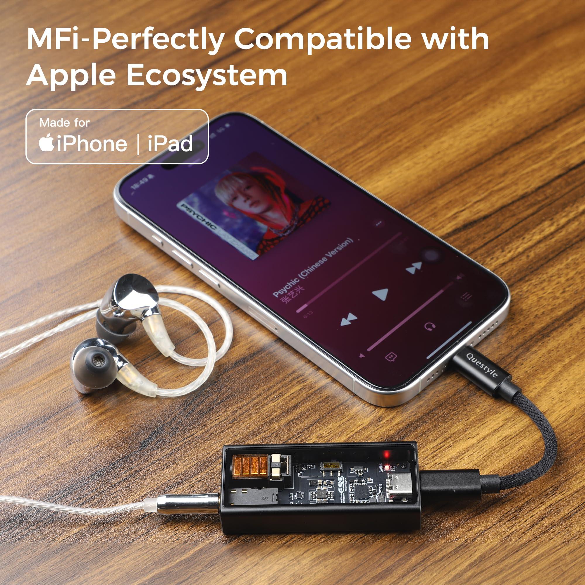 Questyle Questyle M15i Headphone Amplifier [MFi Certified] Portable USB DAC Amps with 4.4mm and 3.5mm Dual Outputs Supports PCM 768kHz/DSD512 High Resolution Lossless for Smartphones/PC/Laptops