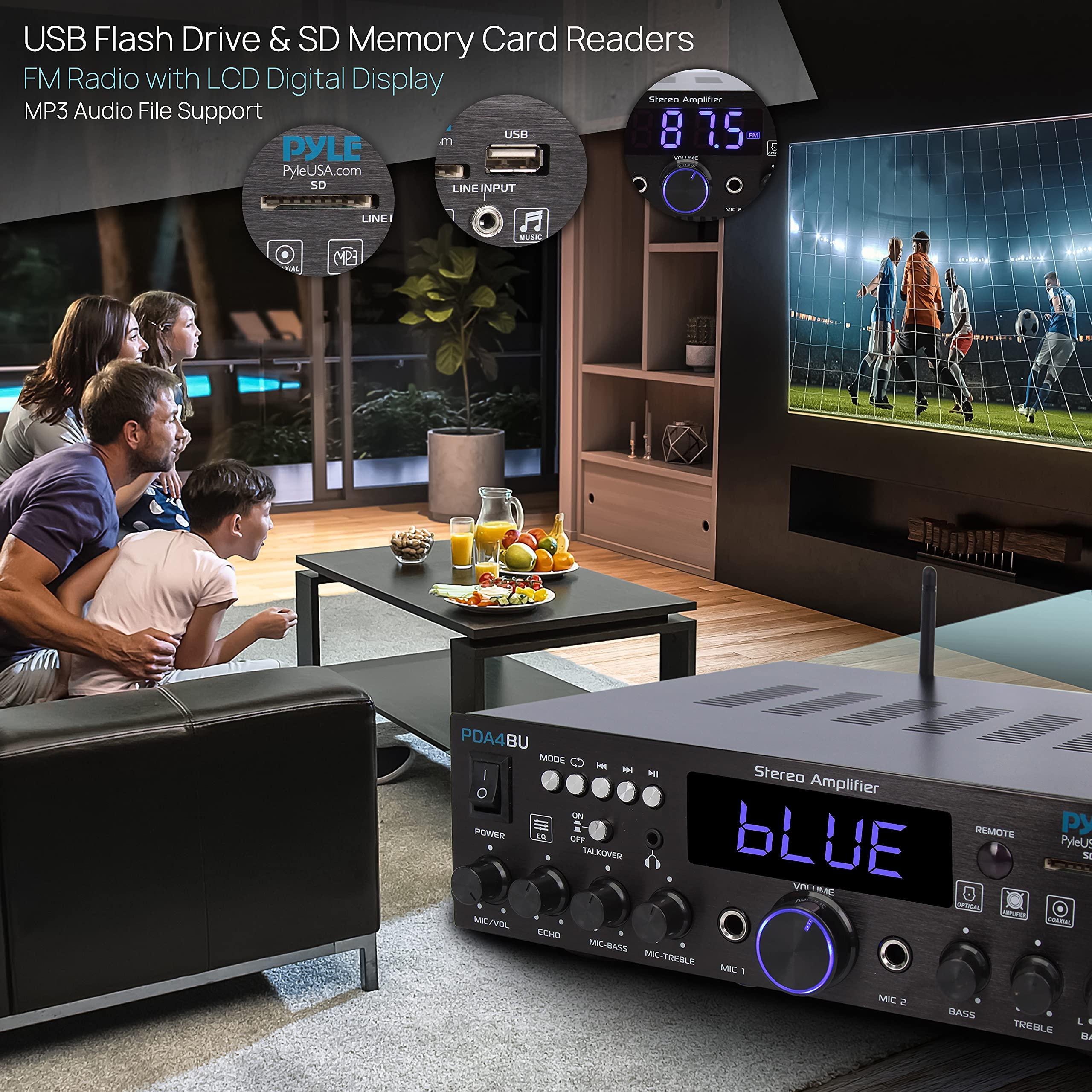 Pyle Pyle Wireless Bluetooth Home Stereo Amplifier - Multi-Channel 200W Power Amplifier Home Audio Receiver System w/ Optical/Phono/Coaxial, FM Radio, USB/SD, AUX, RCA, Mic in - Antenna, Remote - PDA4BU