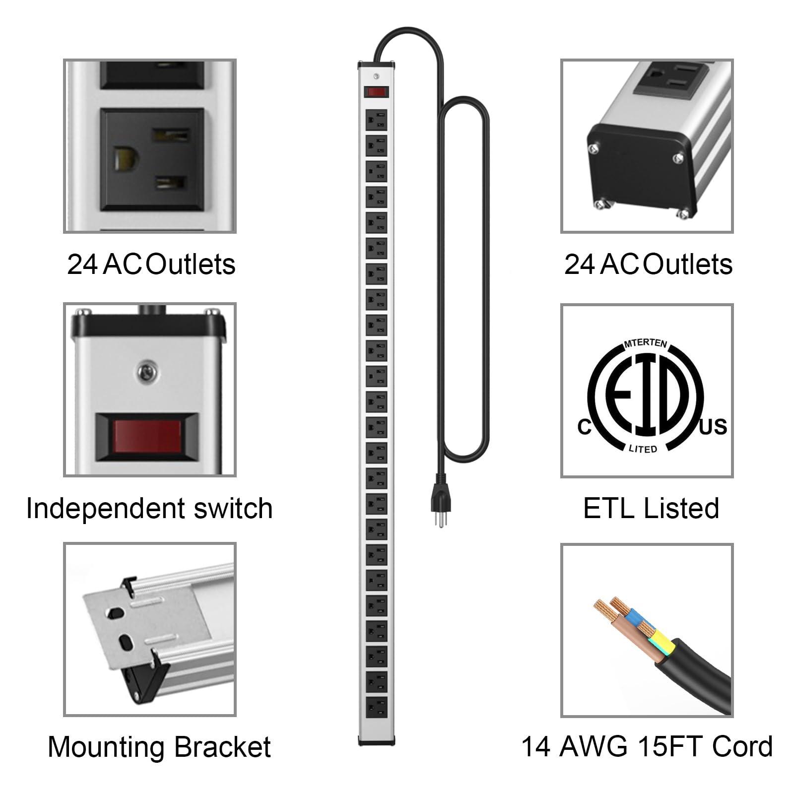 oviitech 24 Outlets Extra Long Power Strip,Heavy Duty Metal Socket Power Strip,Metal Power Strip with 15-Foot Extension Power Cord,ETL Certified