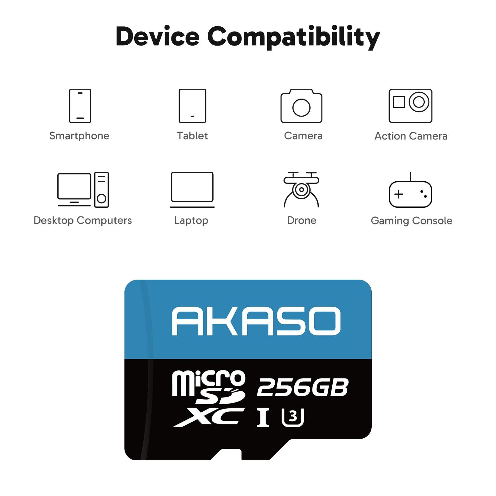 AKASO AKASO 256GB microSDXC U3 Memory Card - Up to 100MB/s, UHS-I C10, U3, Full HD, 4K UHD, MicroSD Card