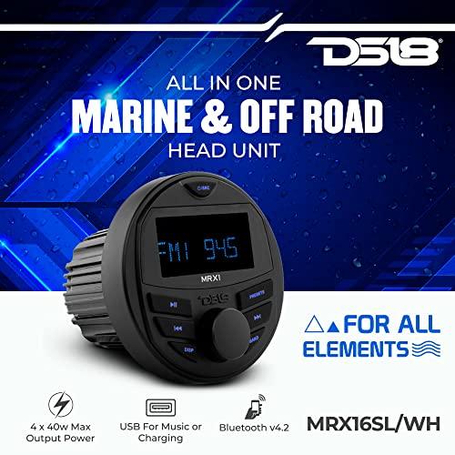 DS18 DS18 MRX16SL/WH Powersports & Marine Multimedia Radio & 2 Way 6.5” Slim Speaker Package – RGB Lights, Bluetooth, Waterproof