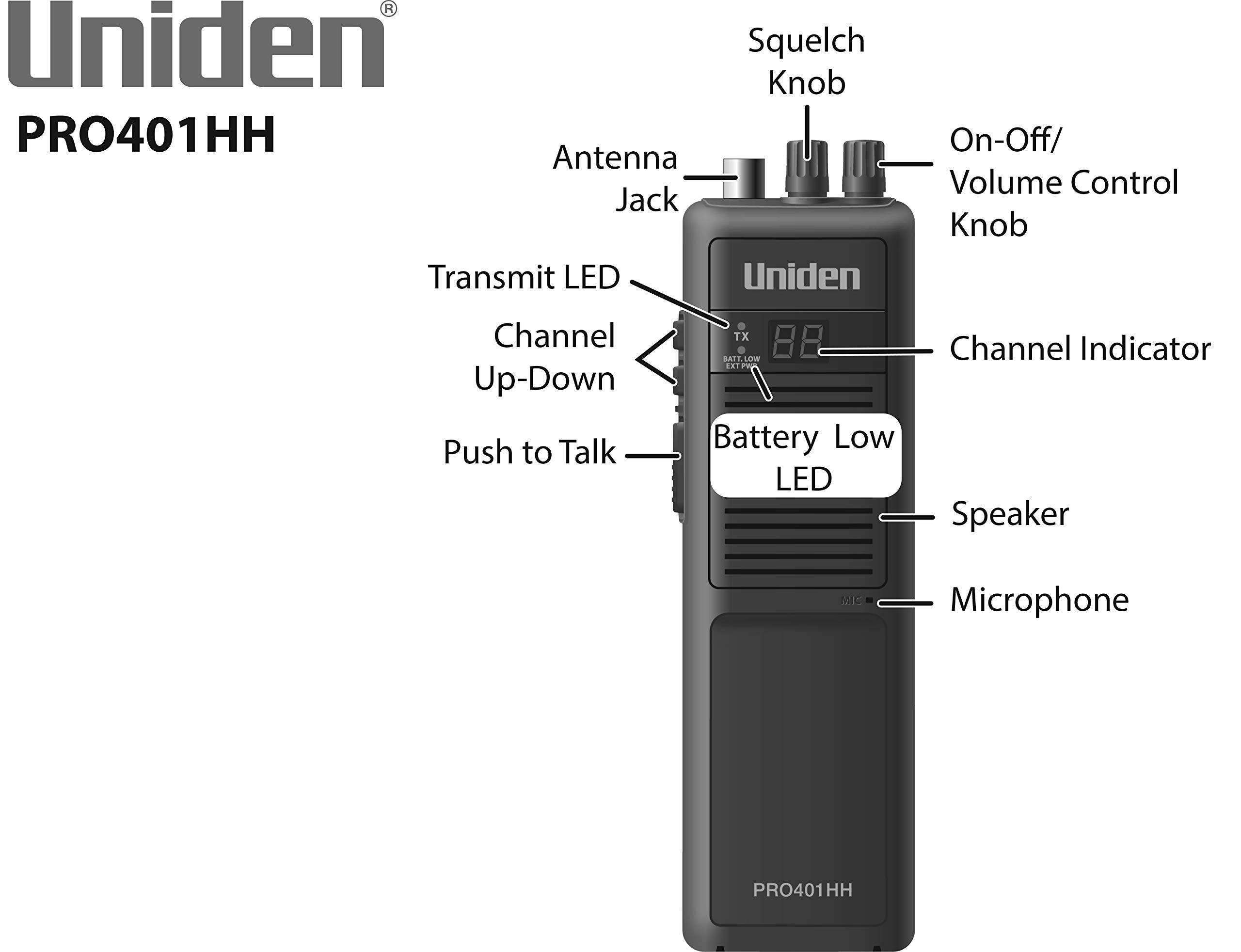 Uniden Uniden PRO401HH Professional Series 40 Channel Handheld CB Radio, 4 Watts Power with Hi/Low Power Switch, Auto noise cancellation, Belt Clip And Strap Included, 2.75in. x 4.33in. x 8.66in.