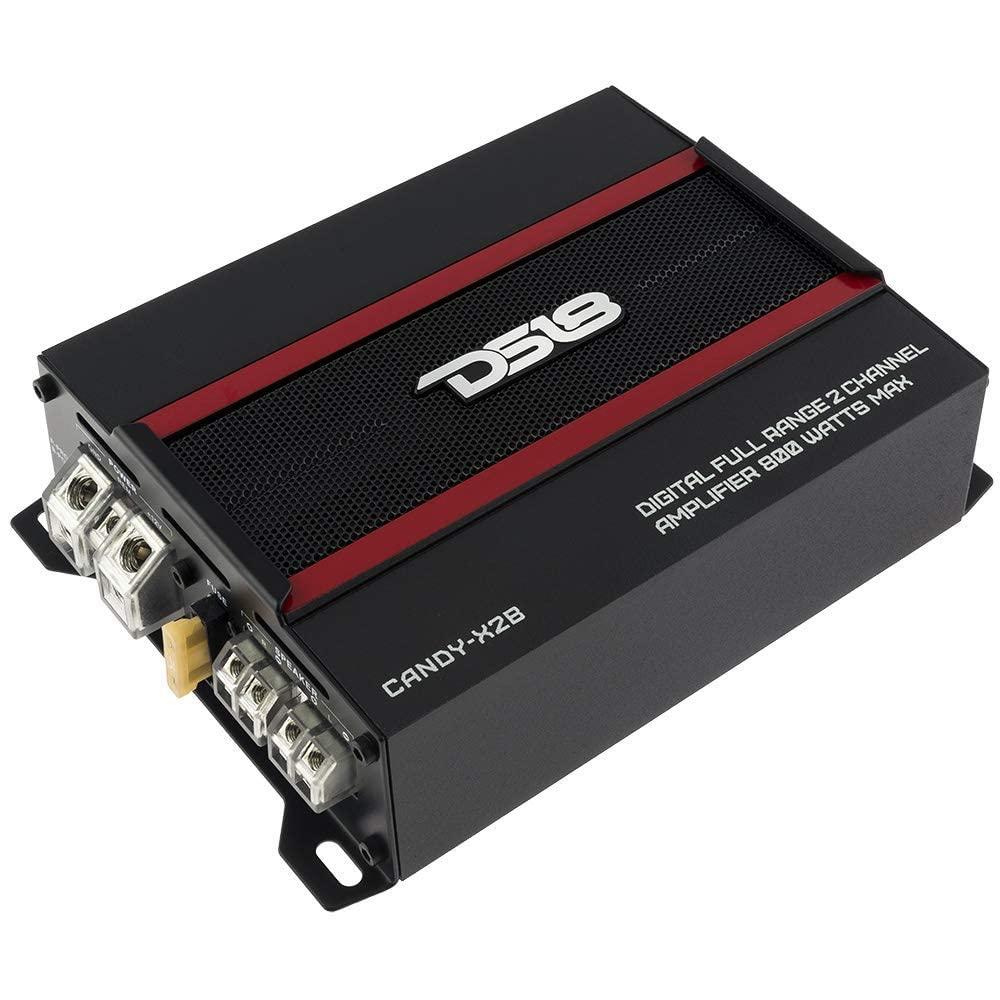 DS18 DS18 CANDY-X2B Amplifier in Black with Complete 4GA Amplifier Installation Kit Included - Class D, 2 Channels, 800 Watts Max, Digital, 2/4 Ohm - Compact Mini Ampflier for Speakers in Car Audio System