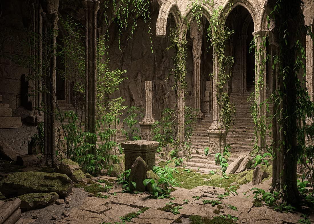 BELECO BELECO 10x8ft Fabric Fantasy Medieval Temple Backdrop for Photography Dark Mysterious Gothic Palace Castle Ruins Stairs Stone Arches Overgrown with Ivy Background for Party Decor Photo Studio Props