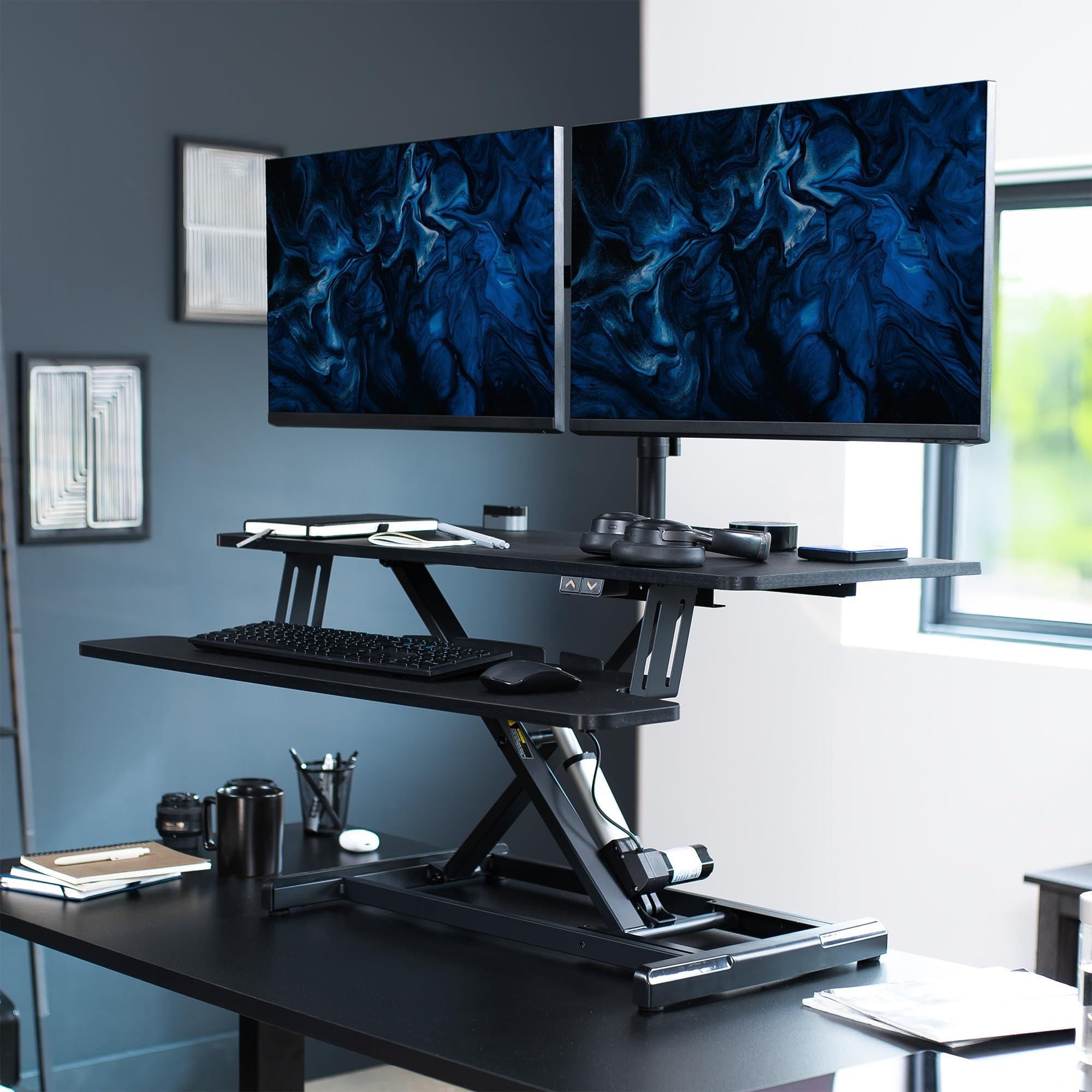 VIVO VIVO Electric Height Adjustable 36 inch Standing Desk Converter with Dual Monitor Stand for 13 to 30 inch Screens, Sit Stand Monitor Mount and Desk Riser, Black, DESK-KIT-VE36B2