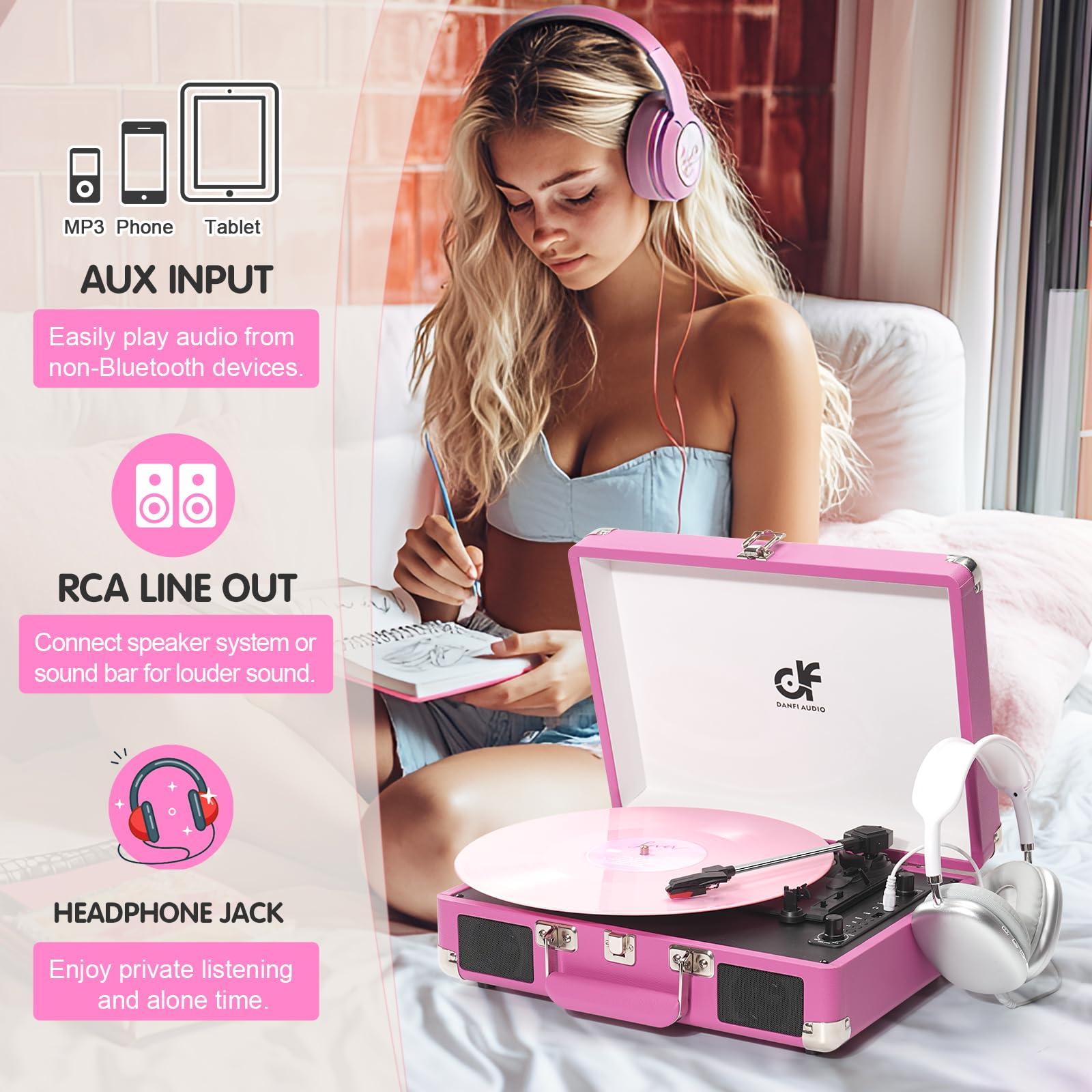 DANFI AUDIO DF DANFI Audio Pink Bluetooth Vinyl Record Player with Dual Speakers, USB Recording,3-Speed Suitcase Turntable, RCA/AUX/Headphone Output